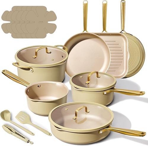 CAROTE Juego de 19 ollas y sartenes, juegos de utensilios de cocina de inducción antiadherentes con mango de acero fundido duradero, ollas y