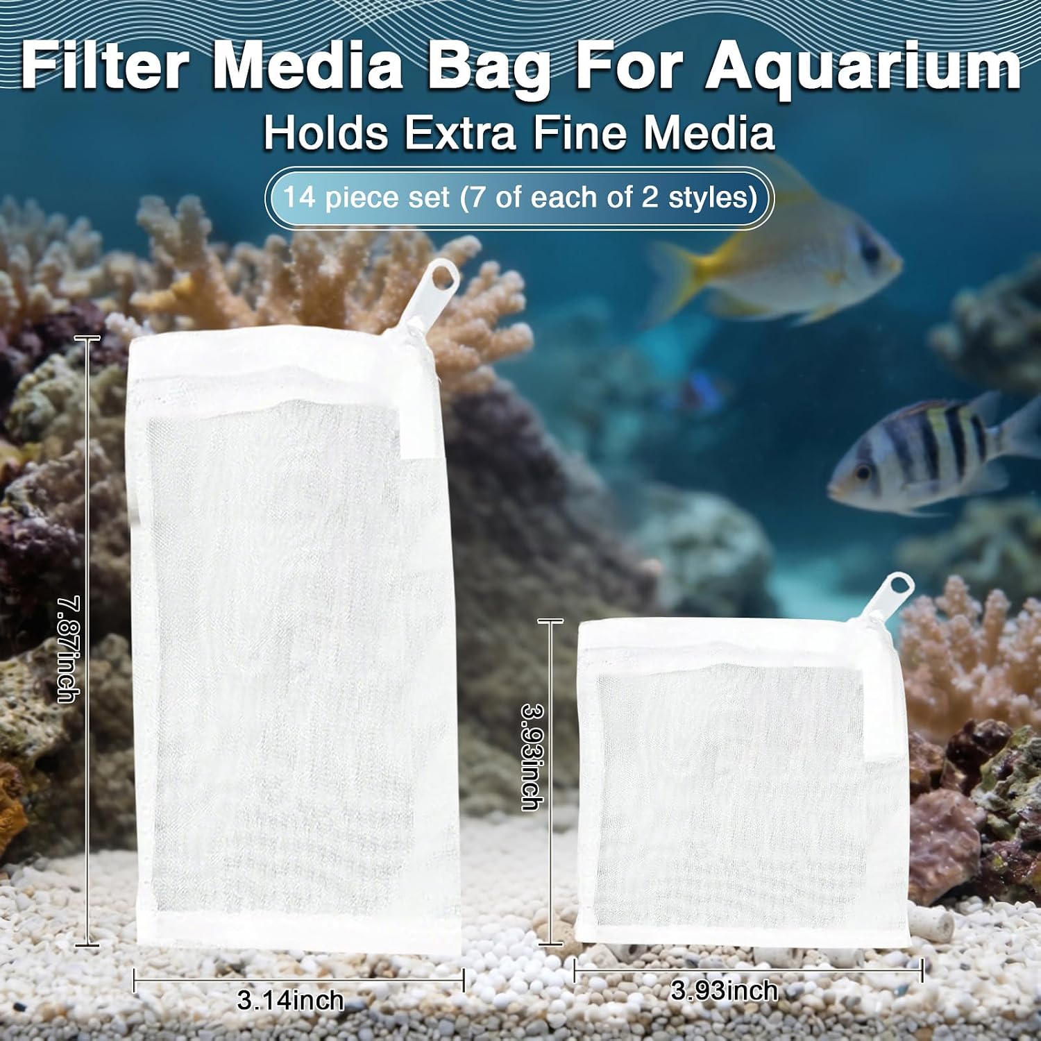 14 Pcs Aquarium Filter Bag with 2 Size, Extra Fine 100 Micron Media Bags for Aquarium, Filter Bags for Fish Tank for Activated Carbon (4” X 4” 3” X 8”) image 2