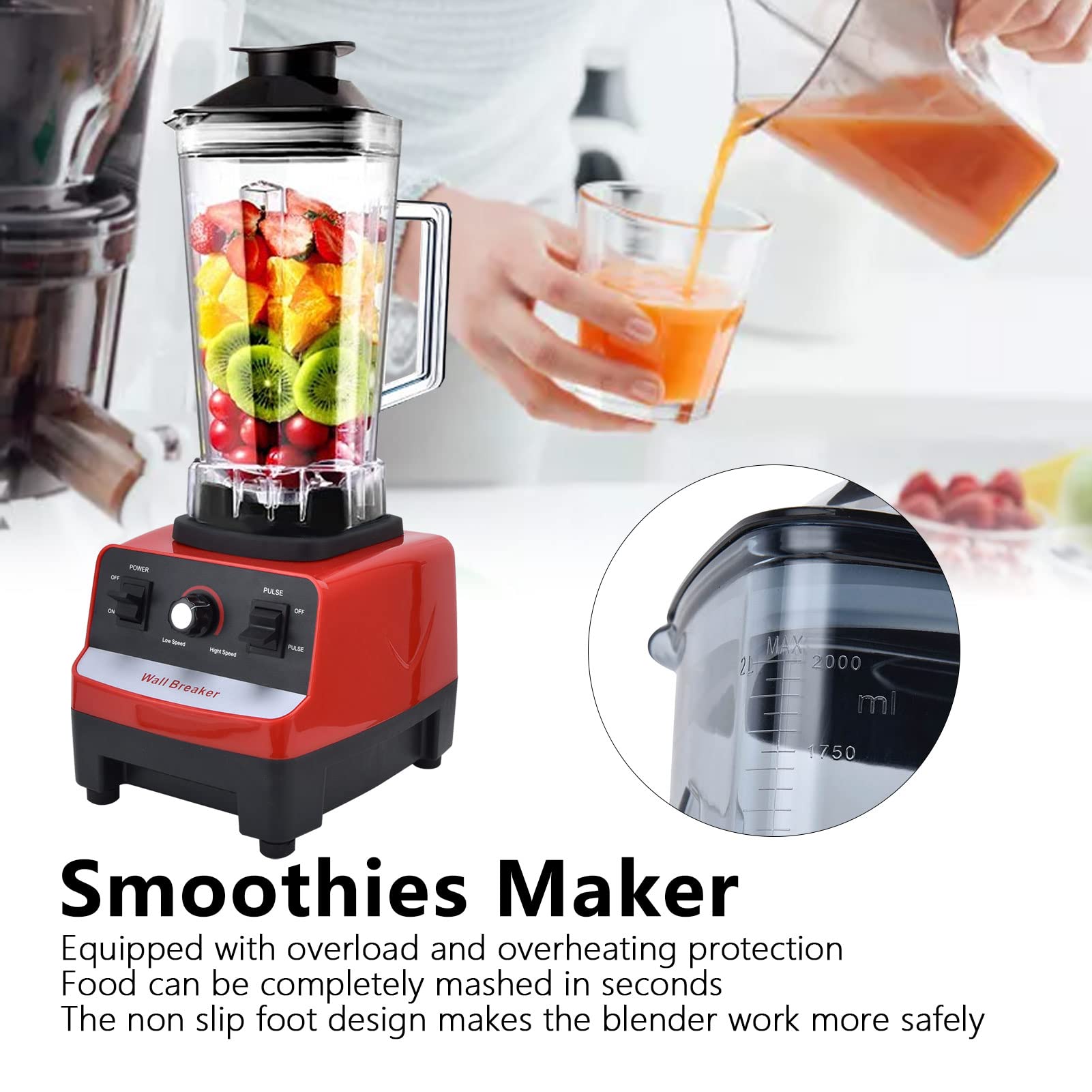 Multifunction Blender 800W, High Nutrient Extraction Rate, Dishwasher Safe, Stepless Speed, 5 Blades, 2L Container (US Plug 110V)