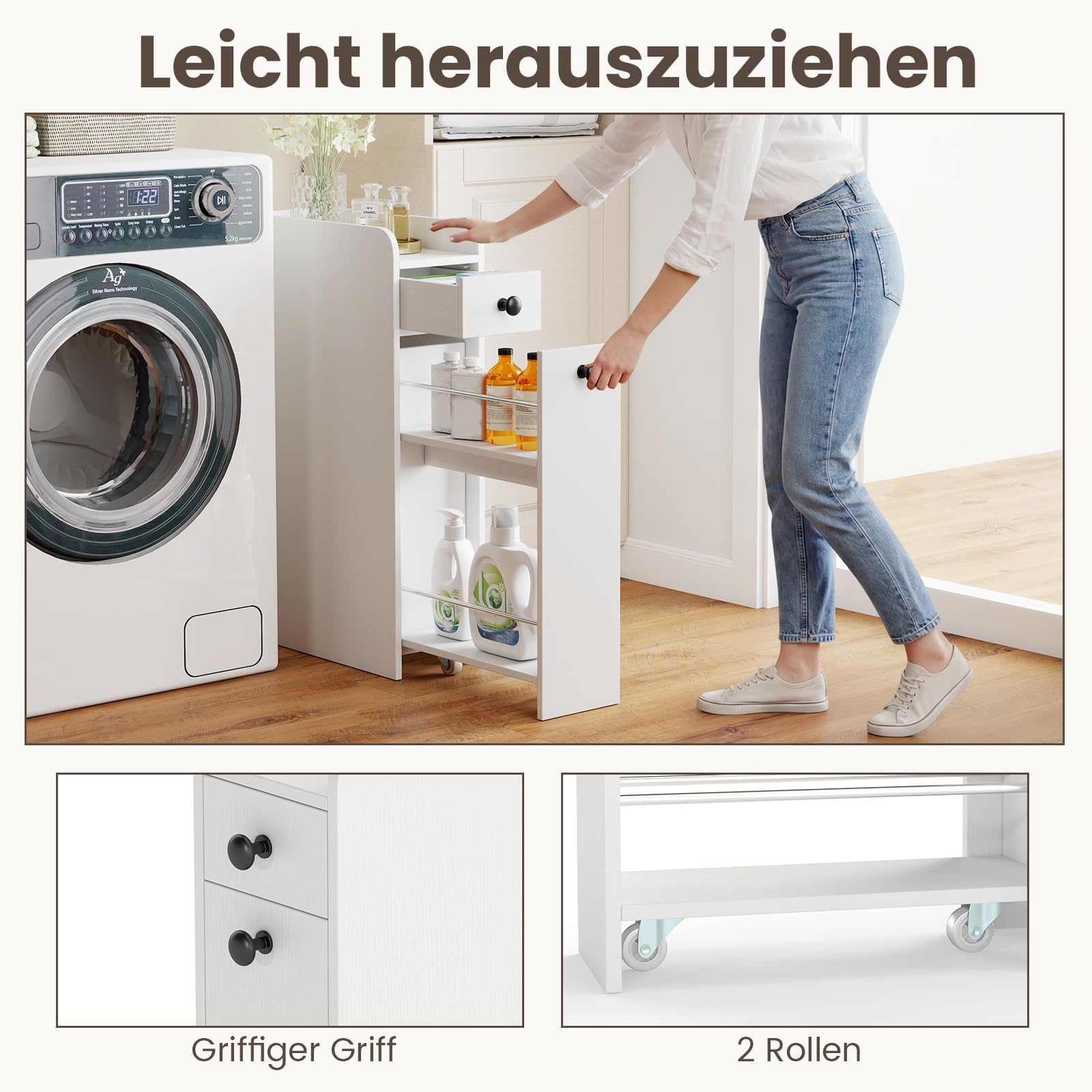 COSTWAY Nischenschrank mit Rollen, Badezimmerschrank mit offener Ablage & 2 Schubladen, Rollwagen, Nischenwagen schmal für Badezimmer, Küche & Wäscherei, 18 x 40 x 70 cm (Weiß)