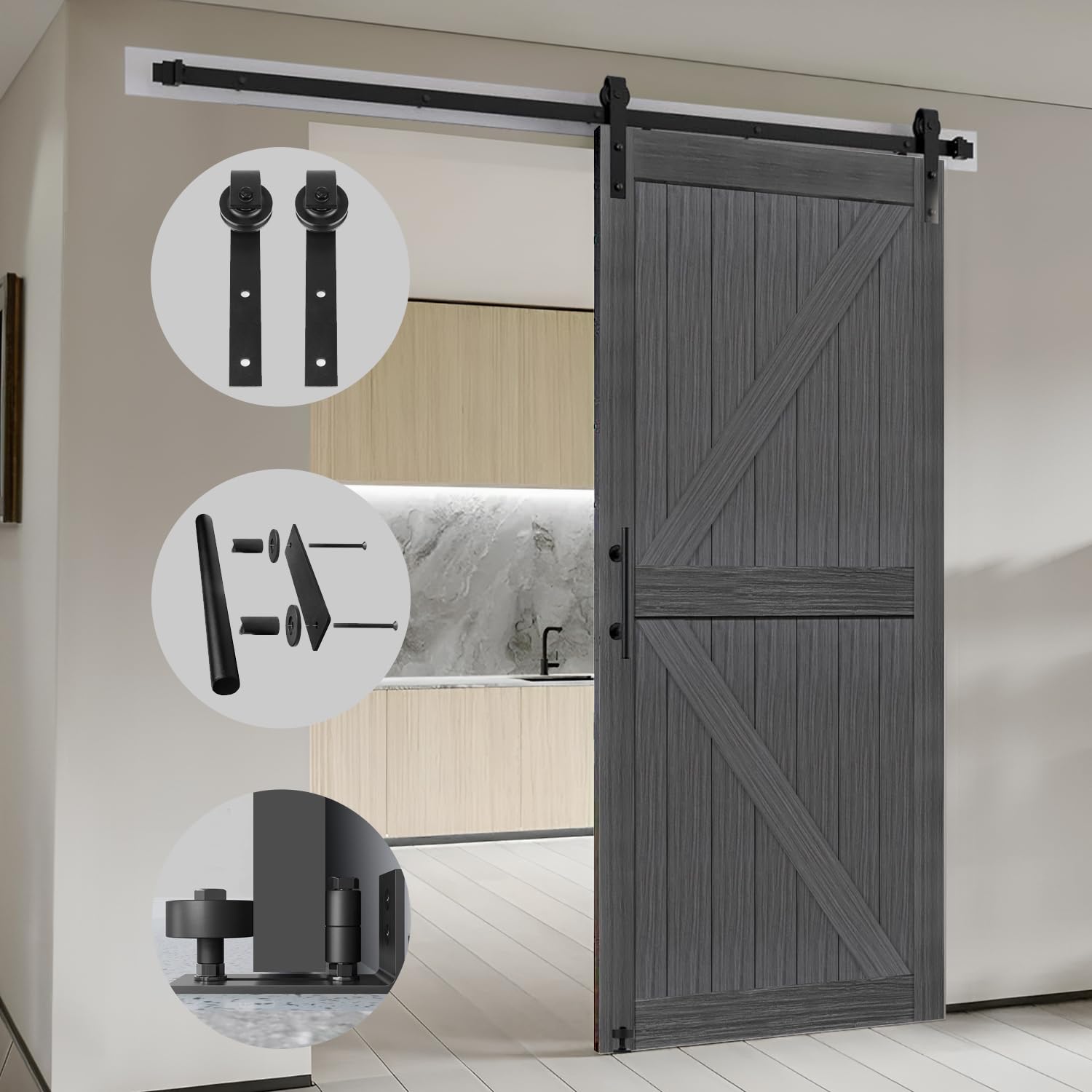 S&Z TOPHAND® 38 in x 84 in MDF Deep Gray British Brace Knotty Barn Door with 6.6FT Sliding Door Hardware Kit/Double -Sided Handle/Sliding Door/Double Surfaces/Simple Assembly is Required