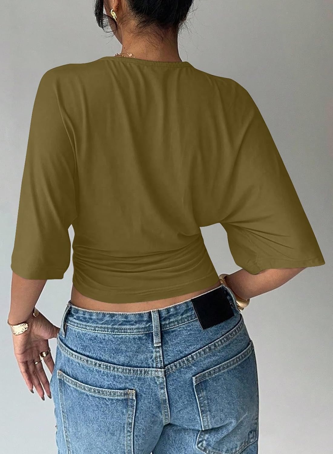 LOLONG Womens Crew Neck Half Sleeve Ruched Shirts Summer 2026 Casual Cinched Waist Crop Tops - Image 5