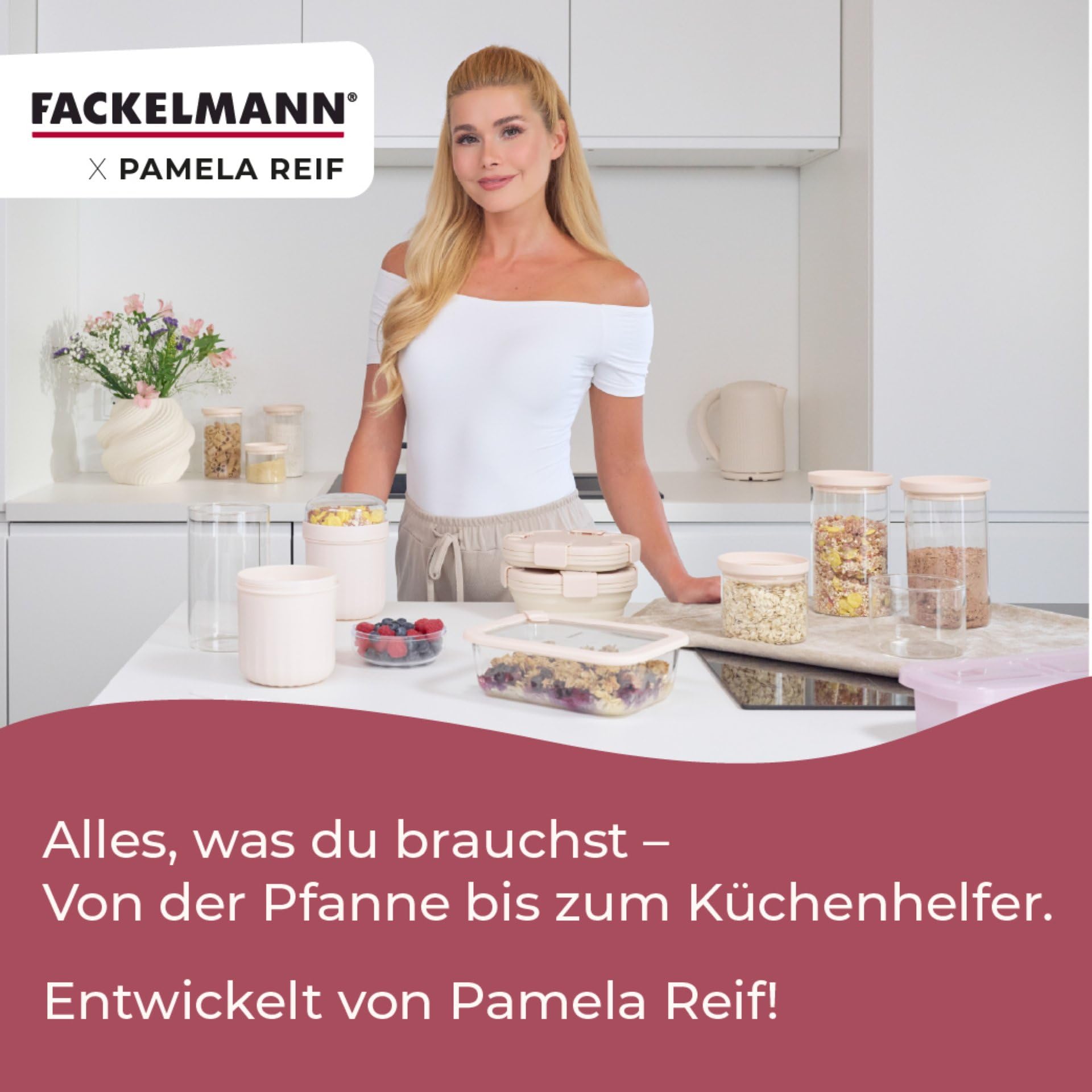FACKELMANN x Pamela Reif Vorratsdosen aus Glas – 6 Stück, 1050 ml, mikrowellen- und backofengeeignet, mit Lüftungsventil, pastellbeige
