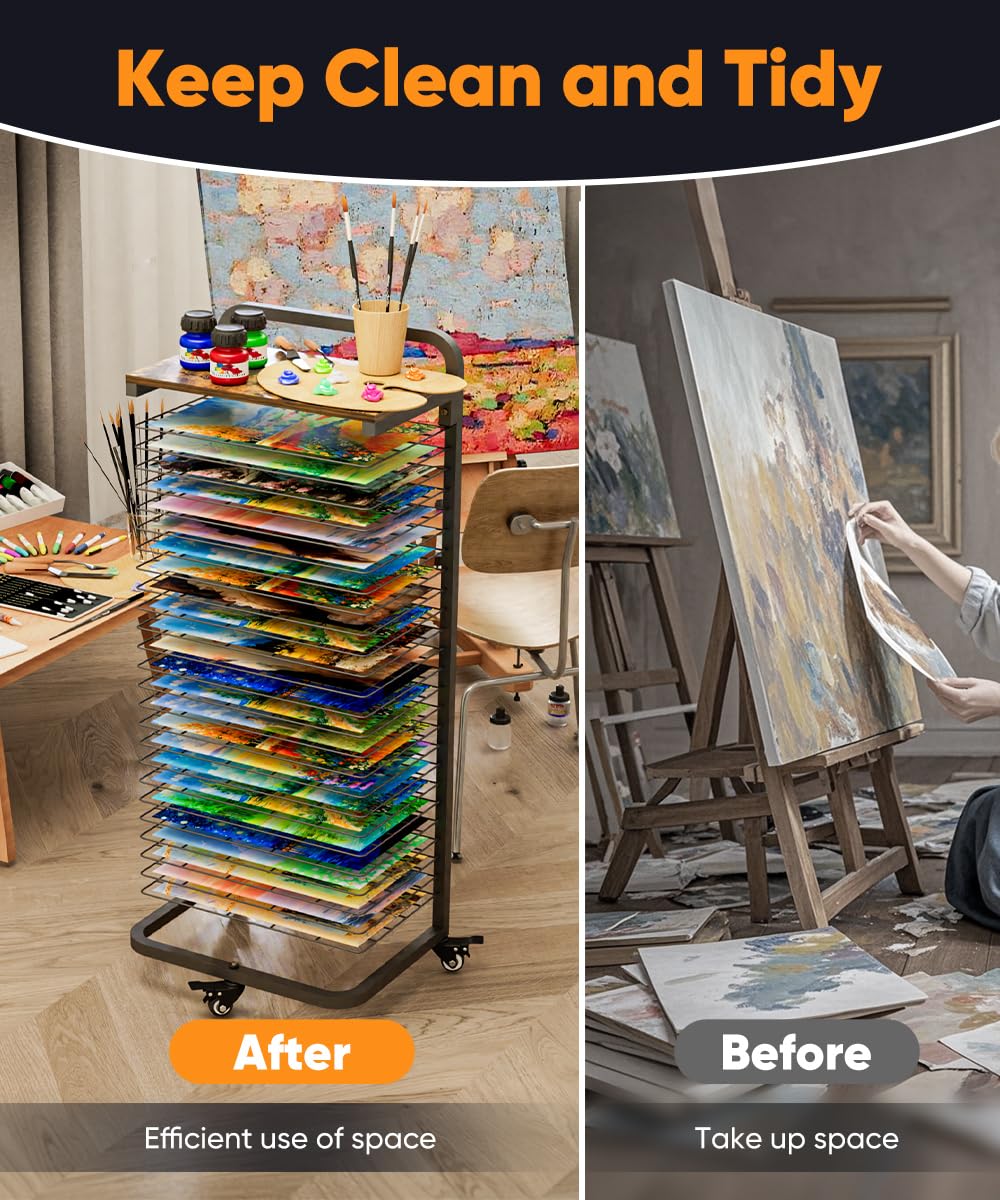 mocomax Estante de secado de arte con tablero superior, soporte móvil de secado de pintura con 25 estantes extraíbles, estante de almacenamiento funcional de lona con ruedas bloqueables para aulas y