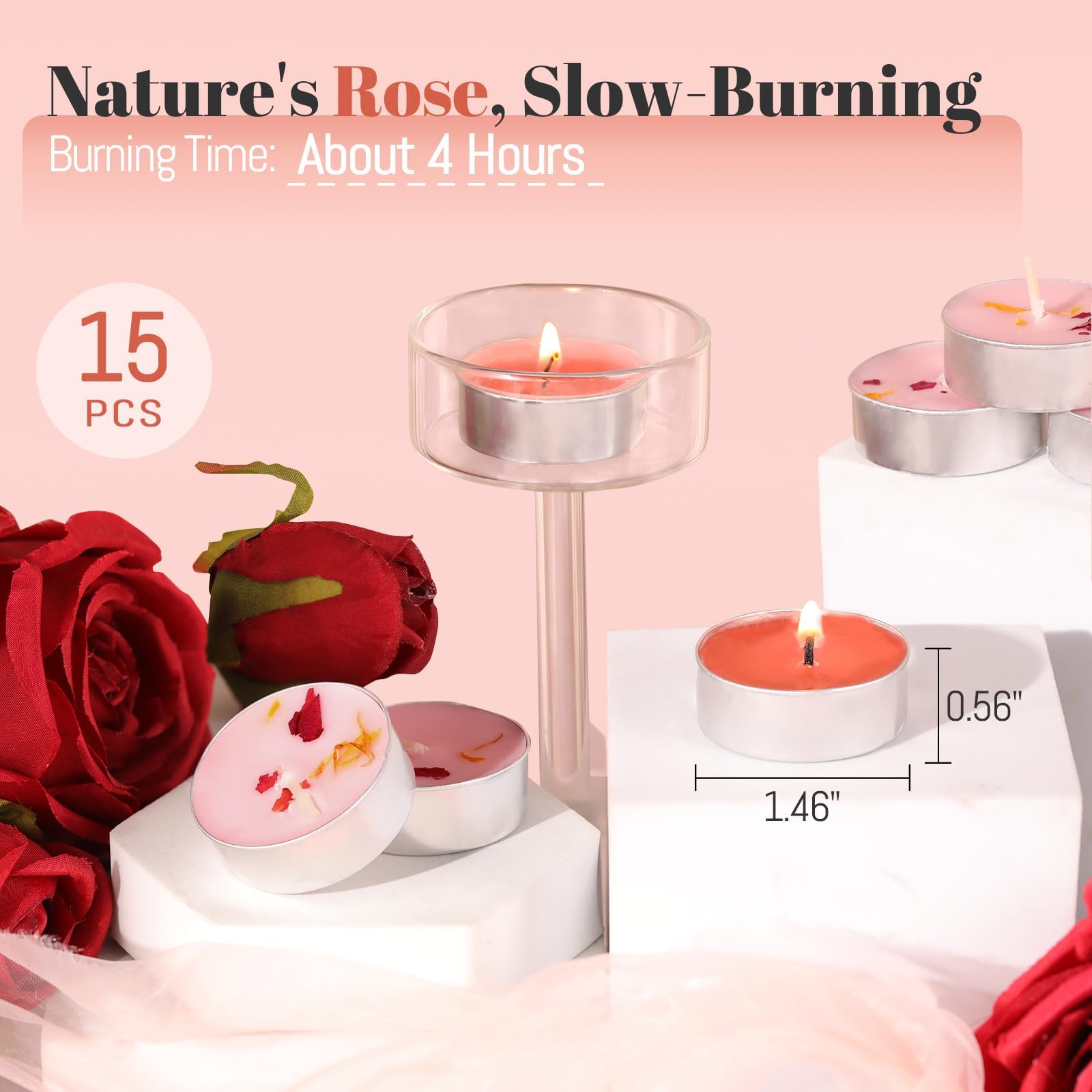 Świece tealight o zapachu róży, świece herbaciane z suszonymi kwiatami, 4H bezdymny wosk palmowy, różowa świeca do herbaty, na wesela, Boże Narodzenie, do spa, kąpieli, 15 szt