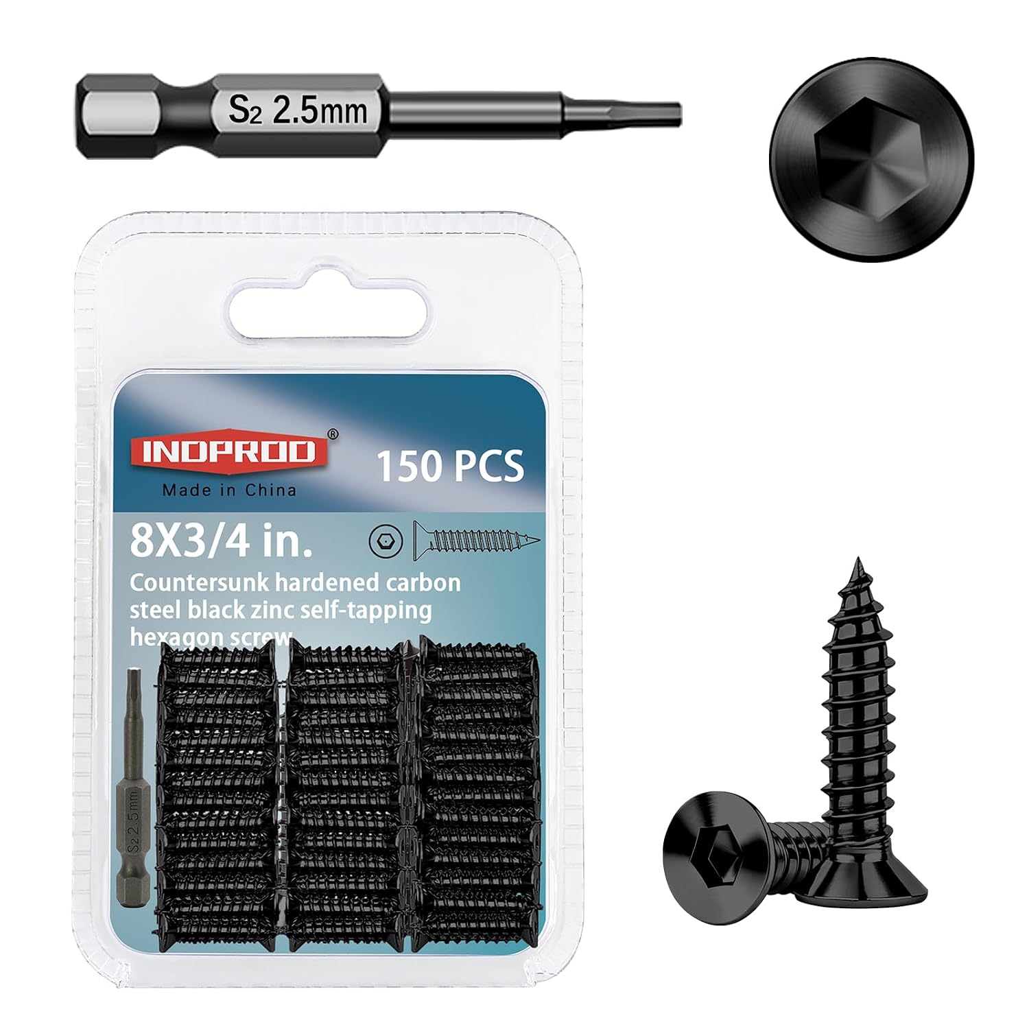 #4#8#10 Wood Screws Assortment Kit 175 Pcs, Flat Head Hex Socket Assorted Screws Set, High Strength Black Zinc Plated Steel, Countersunk Self Tapping Screws for Wood (1-1/2", 1", 3/4", 1/2")