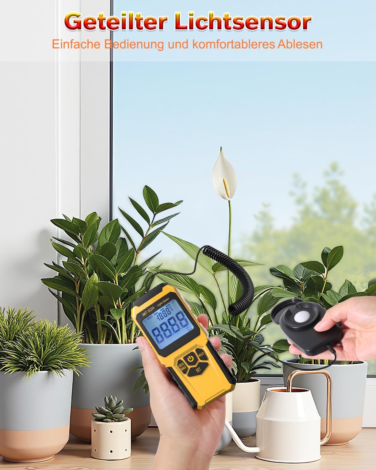 Digitales Luxmeter, Handheld Lux Messgerät Thermometer mit Externem Sensor, bis 200.000 Lux, hohe Genauigkeit, LCD Display, Lichtmessgerät für Pflanzen Innen Außen