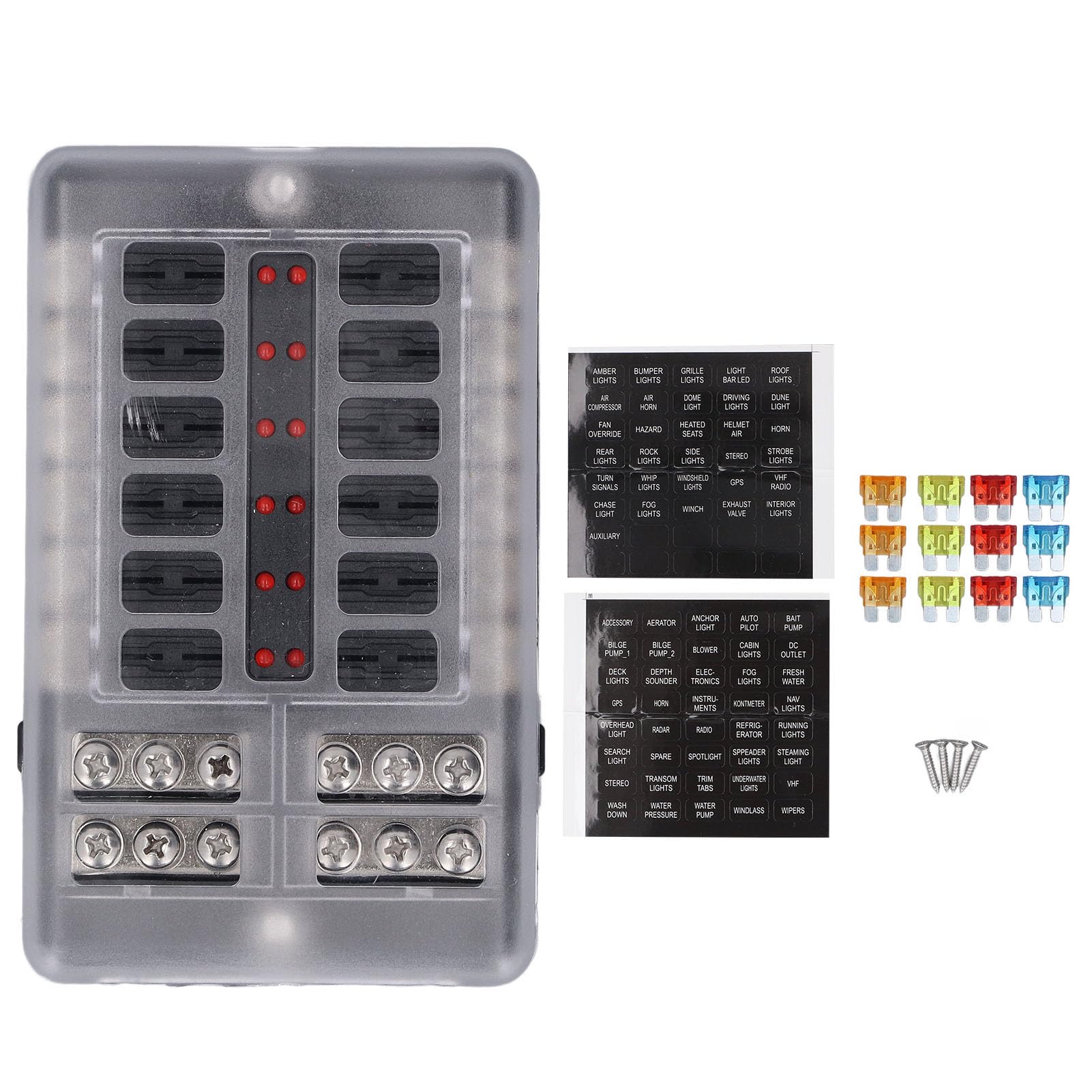 12-stykowy blok bezpieczników ze wskaźnikiem LED i wodoodporną osłoną — panel z materiału PBT dla bezpieczników ATC i ATO, maks. 32 V DC dla 12 V 24 V samochód ciężarowy łódź