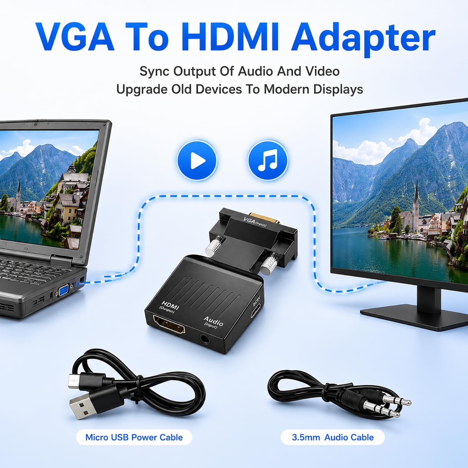 VGA auf HDMI Adapter 1080P, VGA zu HDMI Konverter Buchse Konverter mit 3,5mm Audio und USB Stromversorgung, Analog Digital Wandler für PC Laptop Notebook zu Monitor TV Beamer Projektor HDMI Bildschirm