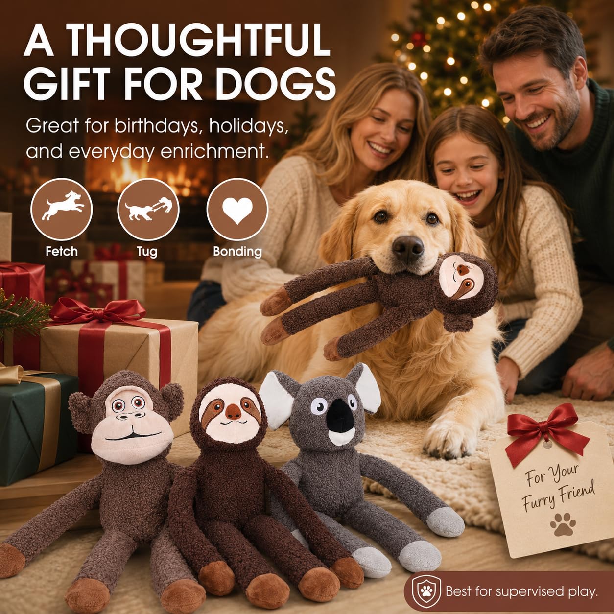 Juguetes para perros grandes sin relleno, paquete de 3 juguetes interactivos de dentición de felpa chirriantes, regalos duraderos y divertidos para razas pequeñas, medianas y grandes