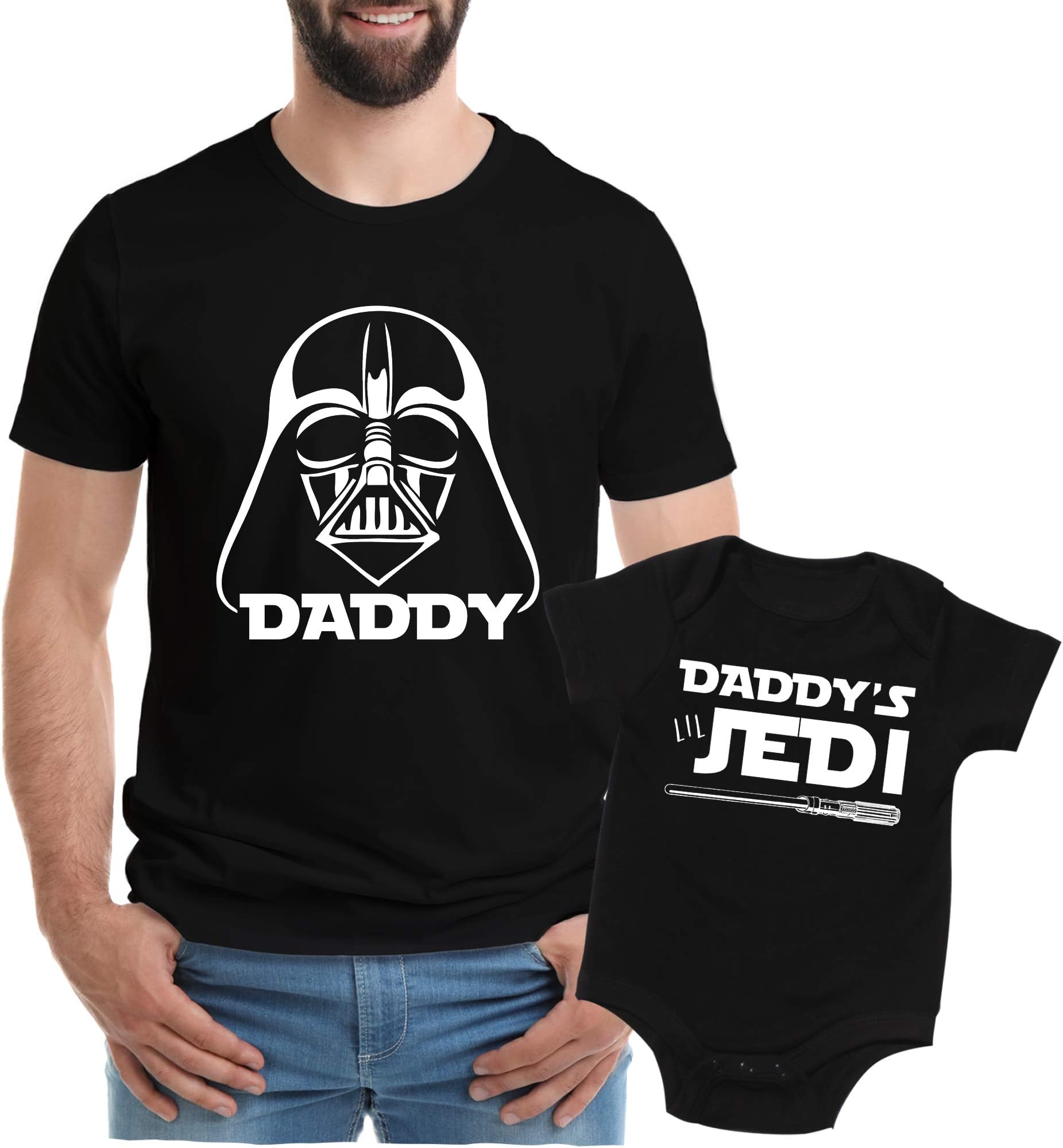 Inspired by Star Wars, Dad Son Tee, Cute Onsie,Darth & Jedi - Black,Mens (X-Large) & 3-6 Month