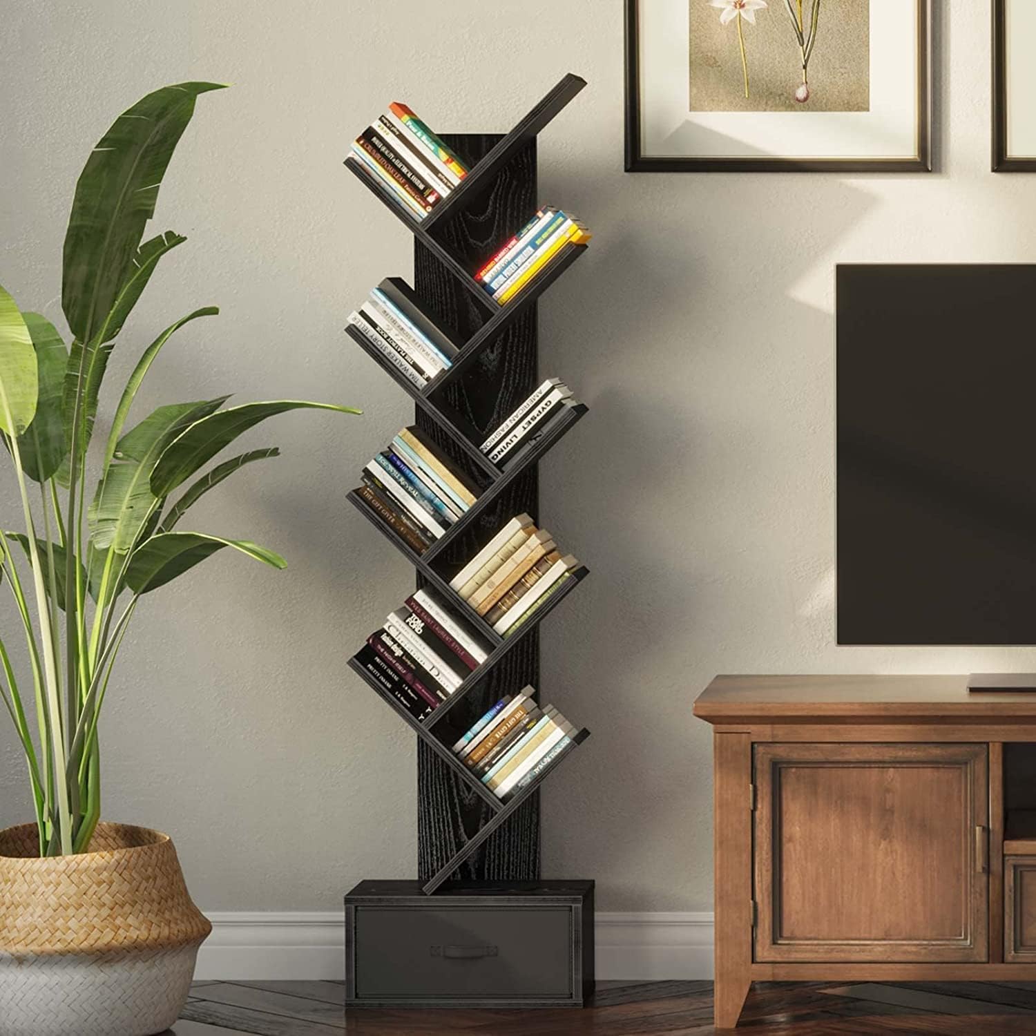 Solid Sheesham Wood Book Shelf | Wooden Tree Shape Bookshelf | Free Standing Bookcase with Open 8 Shelf & One Drawer Storage | Tall Display Unit Book Stand | Rosewood, Black Finish