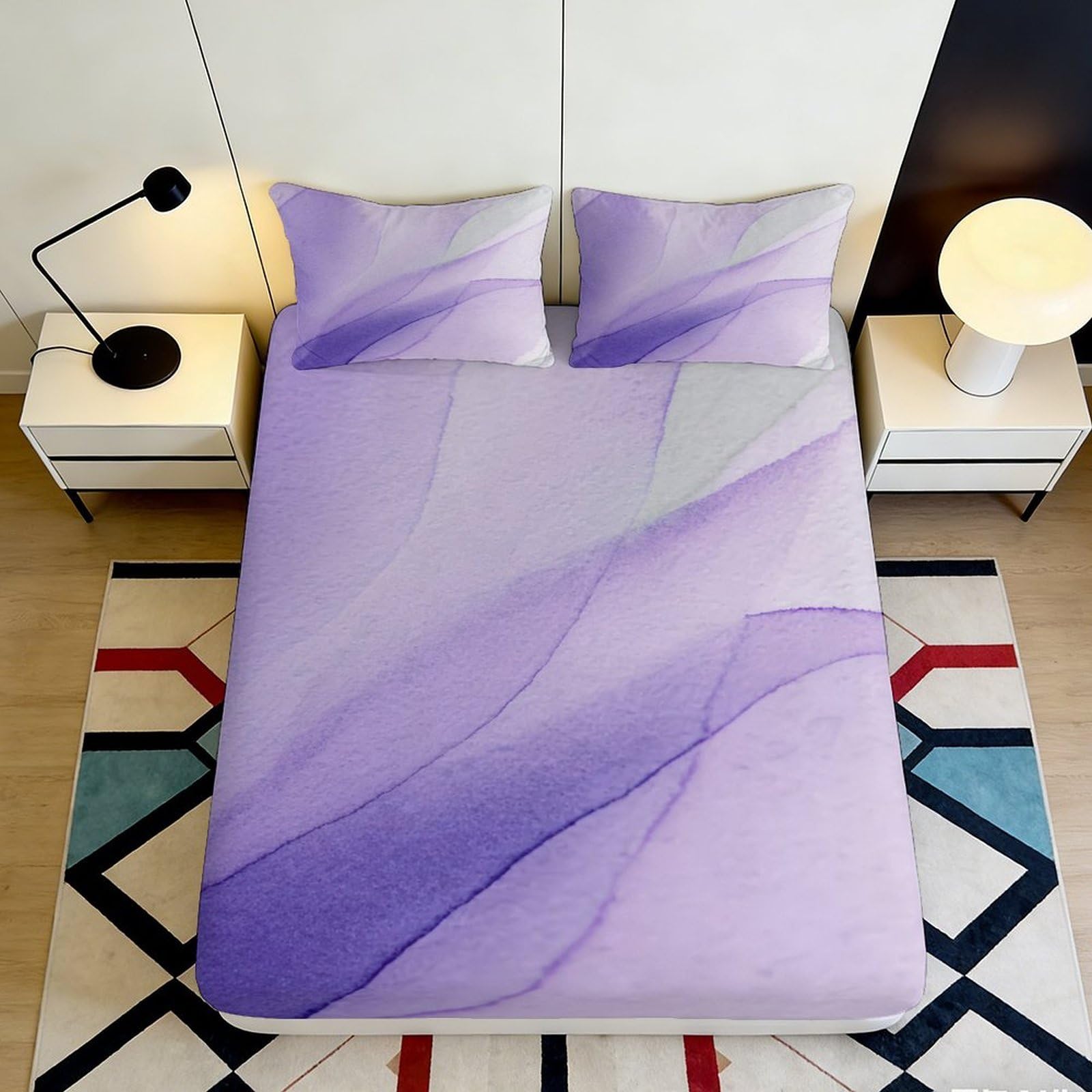 3D Printed Watercolor Lavender Fitted Sheet Microfiber Soft Mattress Cover Abstract Violet Bedroom Decor 90x200x25cm