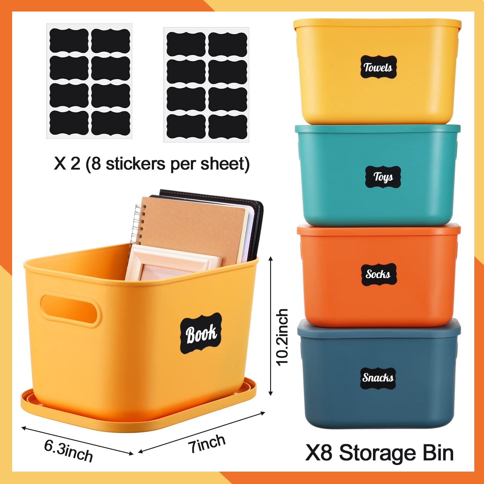 Tanlade 8 Pcs Plastic Storage Bins Stackable Baskets with Lid and Handle Colorful Desktop Storage Box Cubby Containers for Shelf Bedroom Office, Include 1 Erasable Marker, 16 Stickers, 10 x 7 x 6 Inch