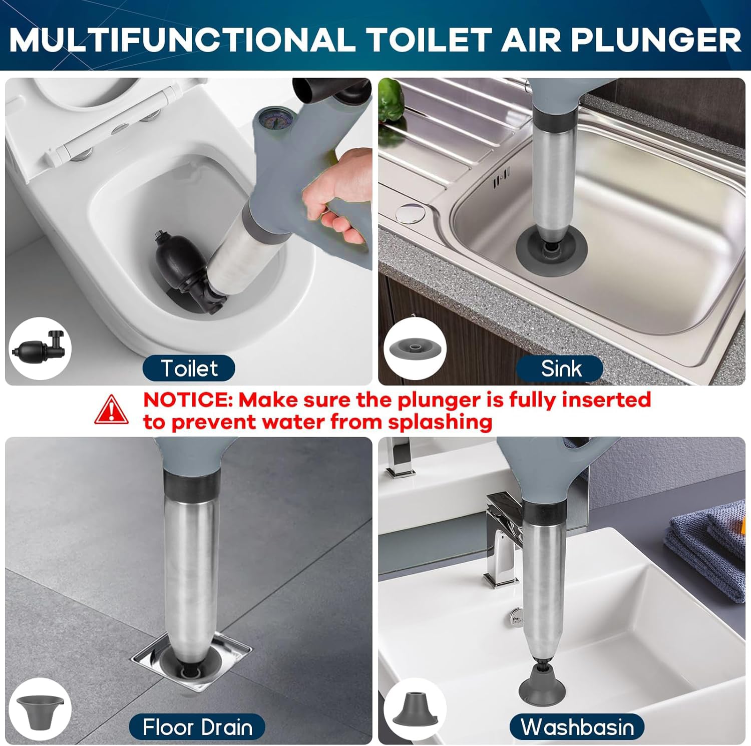 Toompel, kit di scarico dell'aria ad alta pressione con 4 teste sostituibili, pompa di scarico per WC, lavabo, vasca da bagno, scarico a pavimento (grigio)