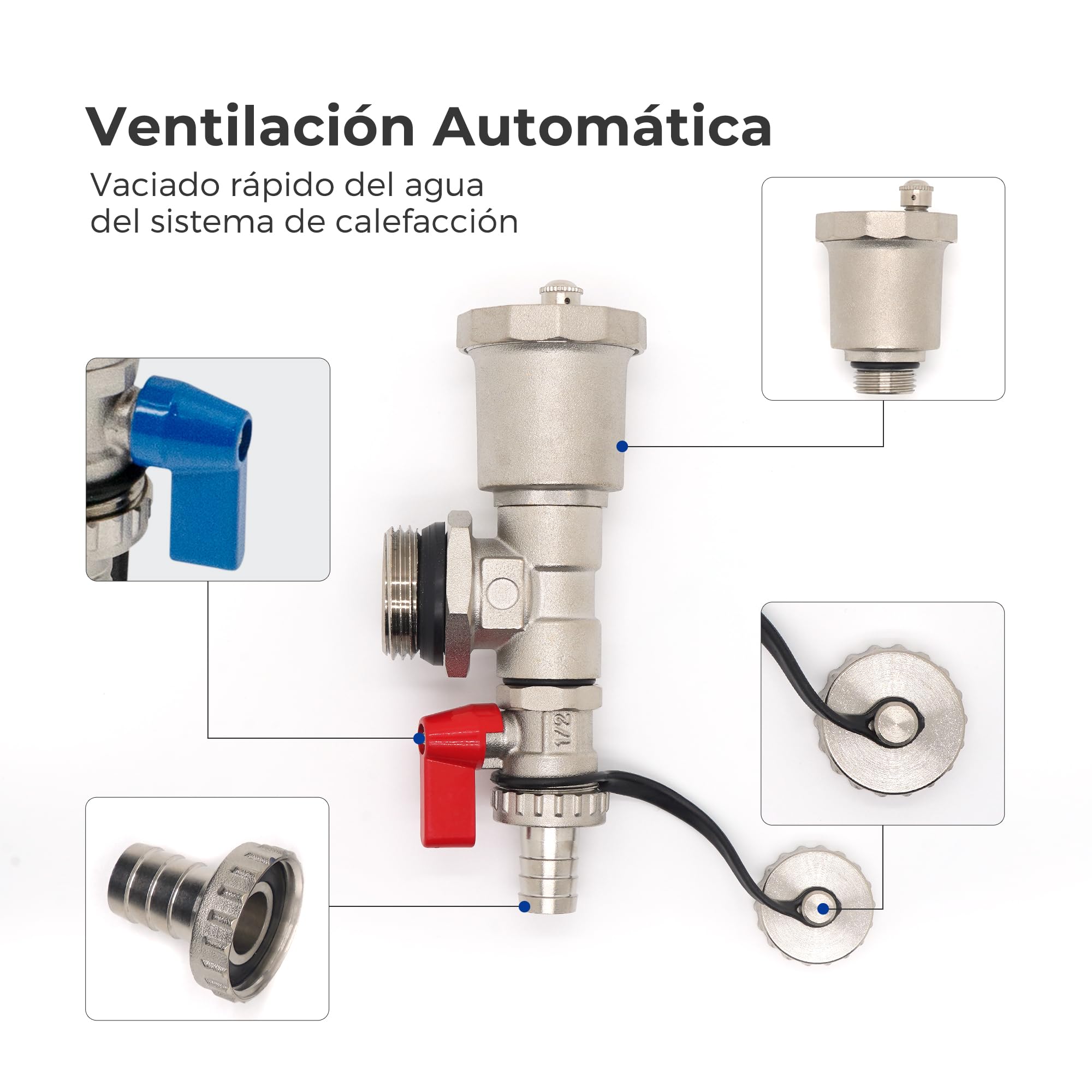 VANCOCO Colector para Suelo Radiante Para 5 Circuitos, con Cono Europeo 16 × 2 mm, Purgador Rápido, Grifos de Bola 1", Caudal 0-5 L/Min, Caudalímetro