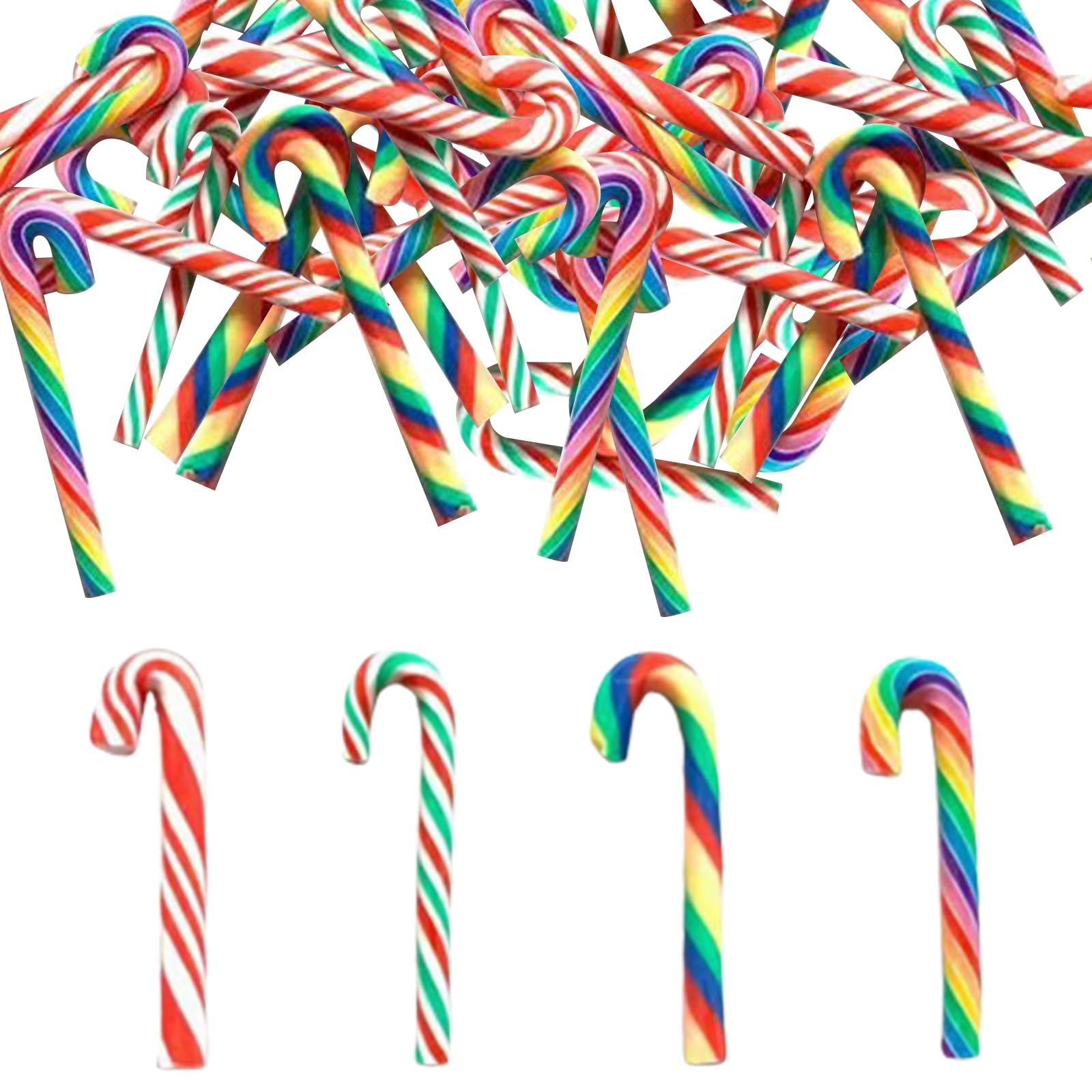 Wedhapy Candy Cane Mini Candy Canes 60PCS Rainbow Mini Cane Christmas Decorations 4 Different Patterns Polymer Clay Xmas Craft Supplies