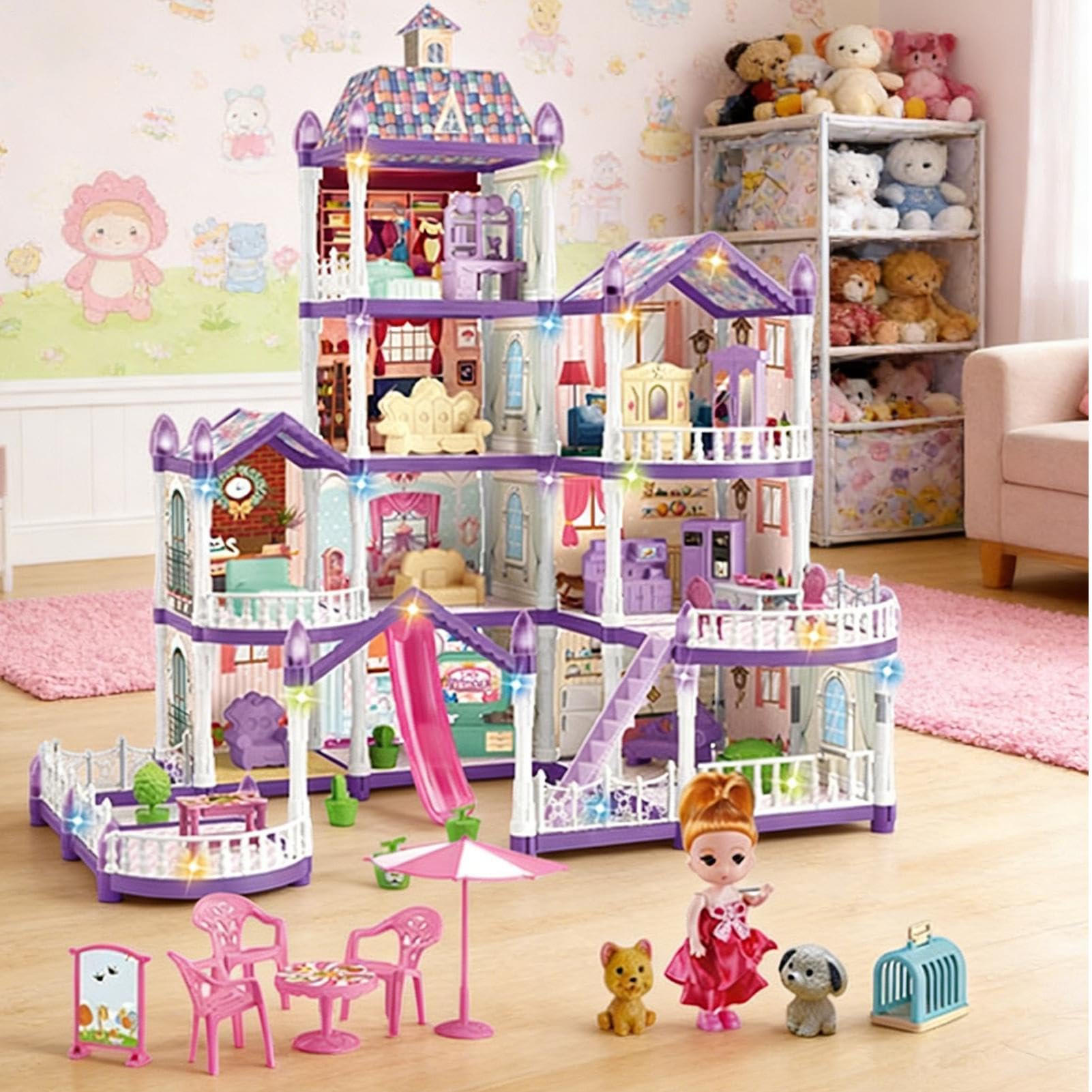 Domek dla Lalek Dziewczęcy 4-piętrowa miniaturowa willa z 13 pokojami do | Zestaw z 3 Księżniczkami 2 Szczeniaczkami i Meblami Akcesoriami Dla dziewczynek 4-6 lat do odgrywania ról w domu