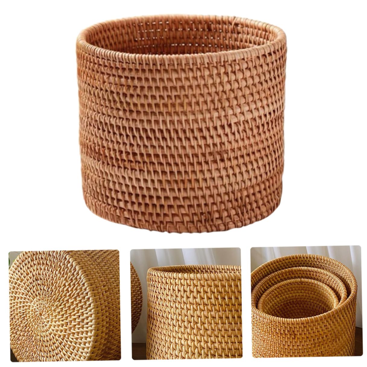 SHINEOFI Cestino in Rattan a Forma Rotonda Stile Pastorale Piccolo Portaoggetti Versatile per Casa e Scrivania Design Naturale e Decorativo per Organizzare Accessori e Rifiuti