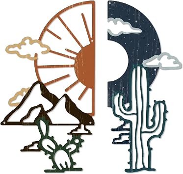 Putuo Decor Cactus Metal Western Wall Decor, Boho Southwest Mountain Rustic Metal Wall Hanging, Day Night Landscape Mid Century Style, Sun Moon Desert Artwork for Living Room Bedroom Office