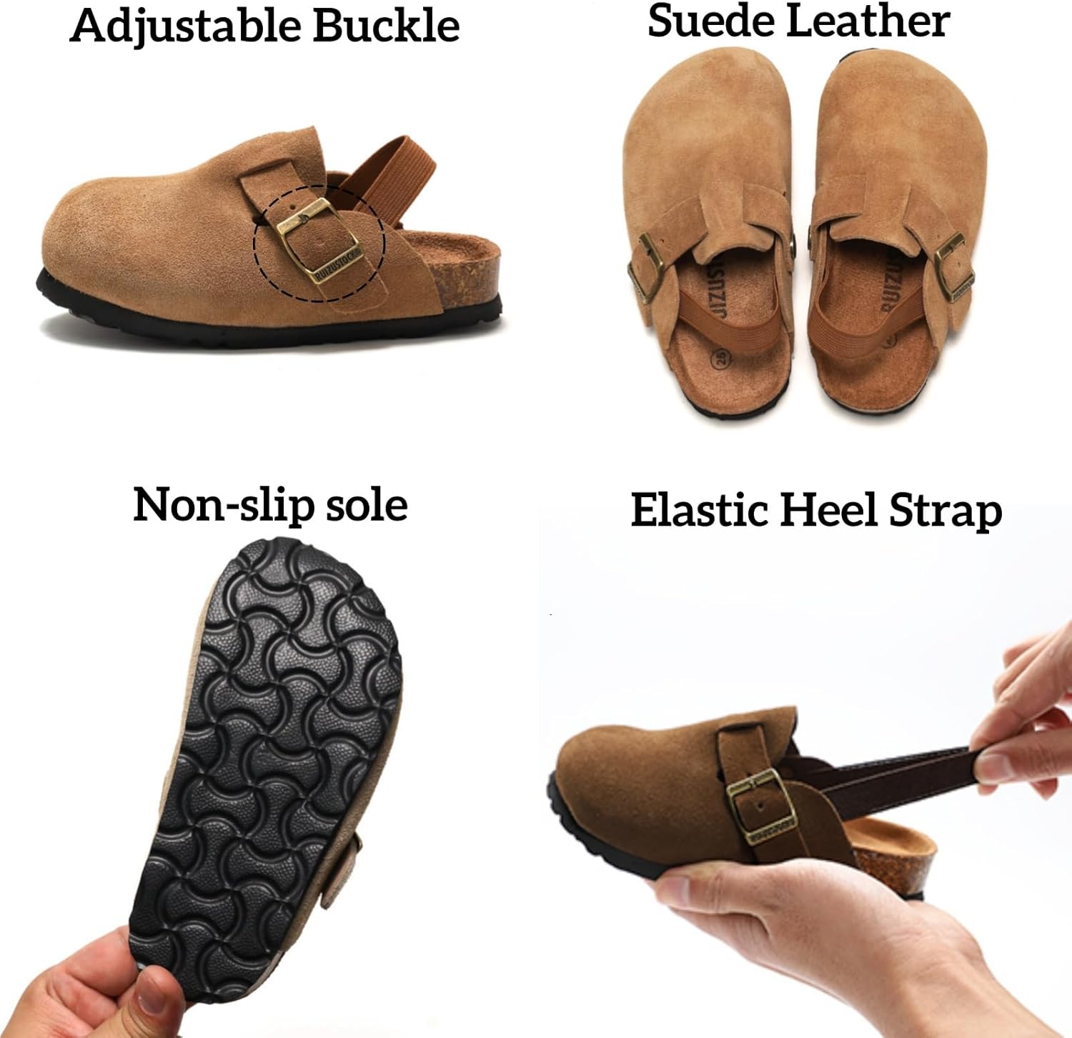 Boys Girls Suede Clogs Kids Toddler Clogs with Arch Support Adjustable Buckle Mules Cork Footbed Sandals Slip On Comfort Potato Shoes for Outdoor Indoor Brown