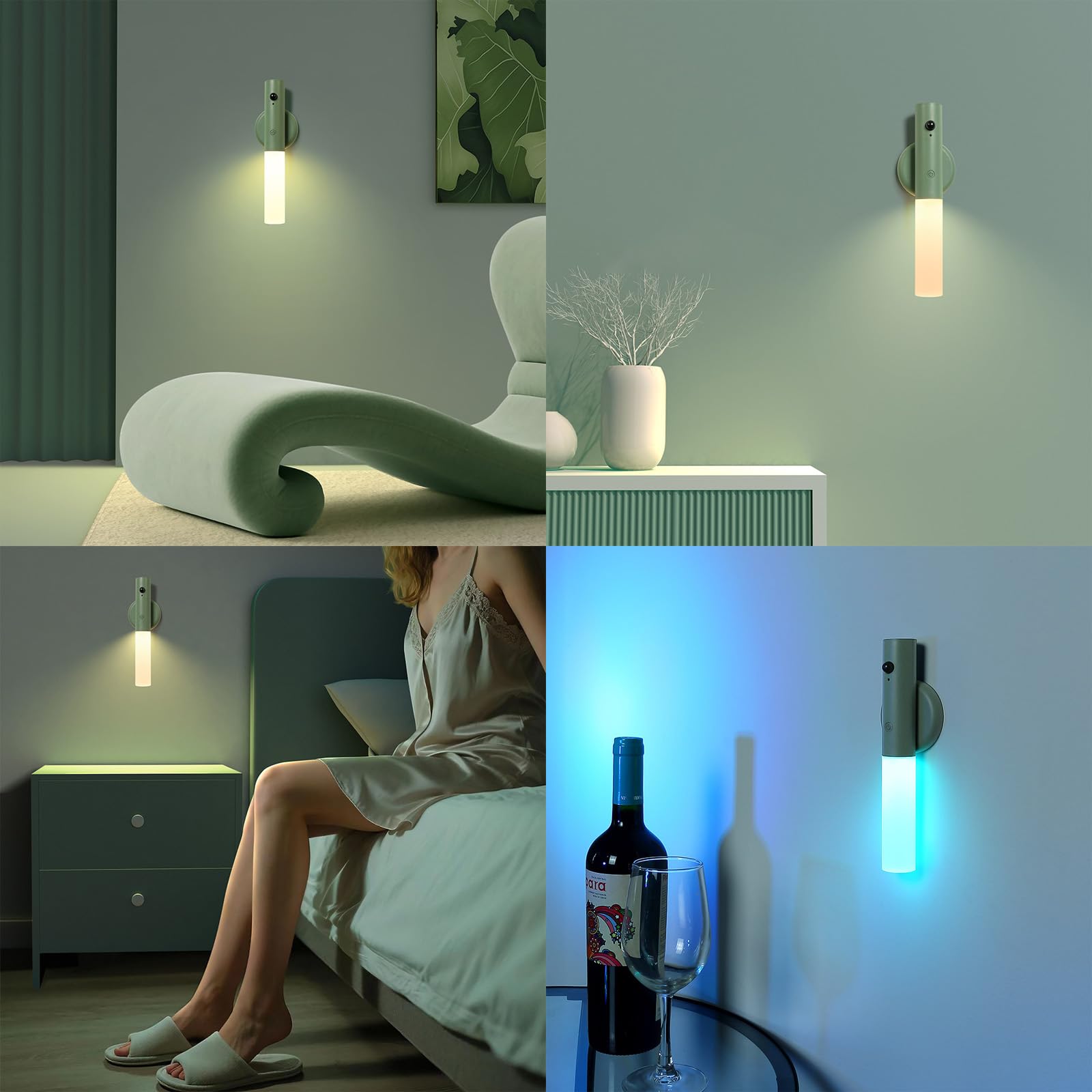 LED Apliques de Pared Interior con Sensor de Movimiento Lámpara de Pared USB Recargable Iluminación de Pared con Interruptor para Dormitorios Pasillos Escaleras (Verde,2 Piezas)