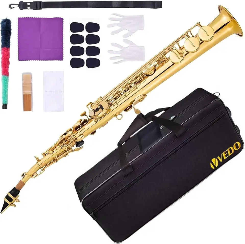 VEDO Saxofone Soprano Em Bb, Instrumento De Tubo Reto, Campana Integrado, Adequado Para Iniciantes E MúSicos NíVel IntermediáRio, Estojo, Boquilha, Sapatilhas, Palhetas, Kit Limpeza, Correia, Ouro