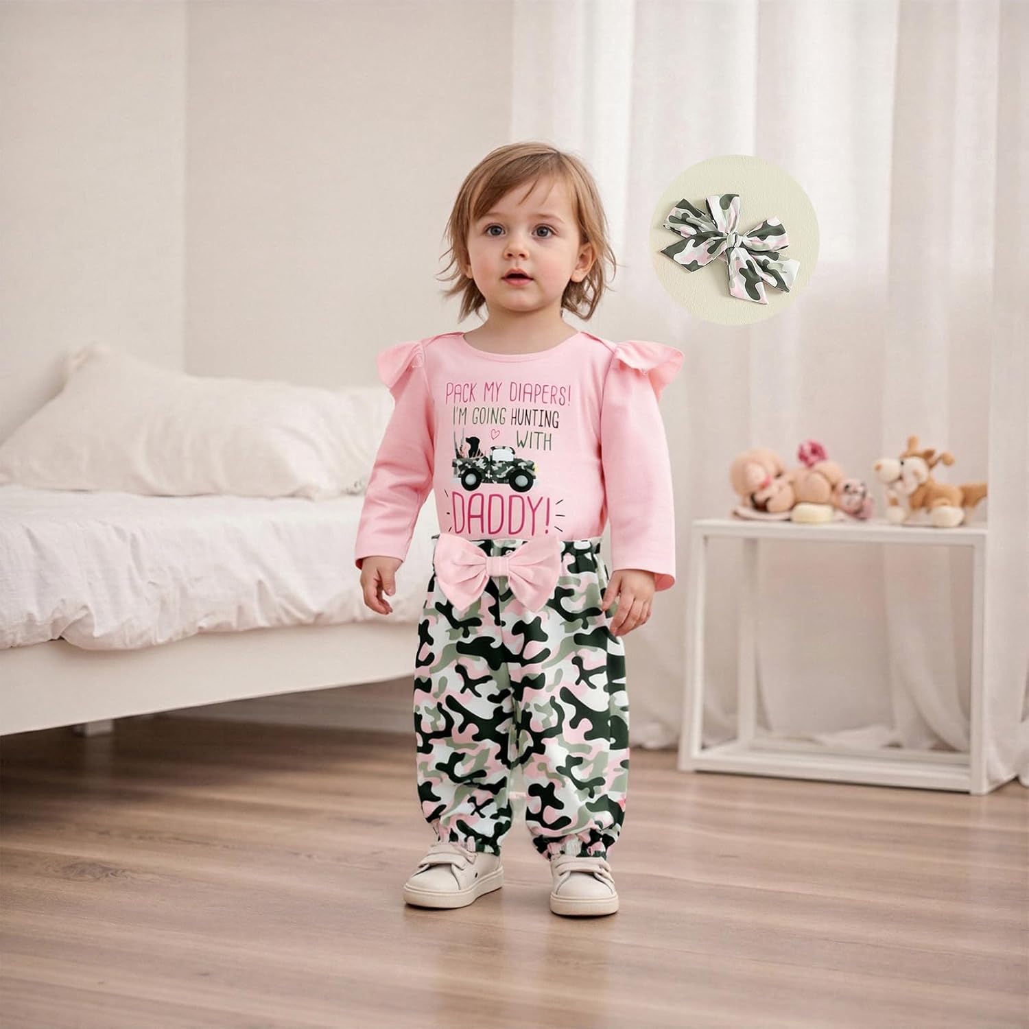 Fall Outfit Newborn Baby Girl Clothes Ruffle Long Sleeve Romper Camouflage Pants Headband Hunting Clothes - Image 2
