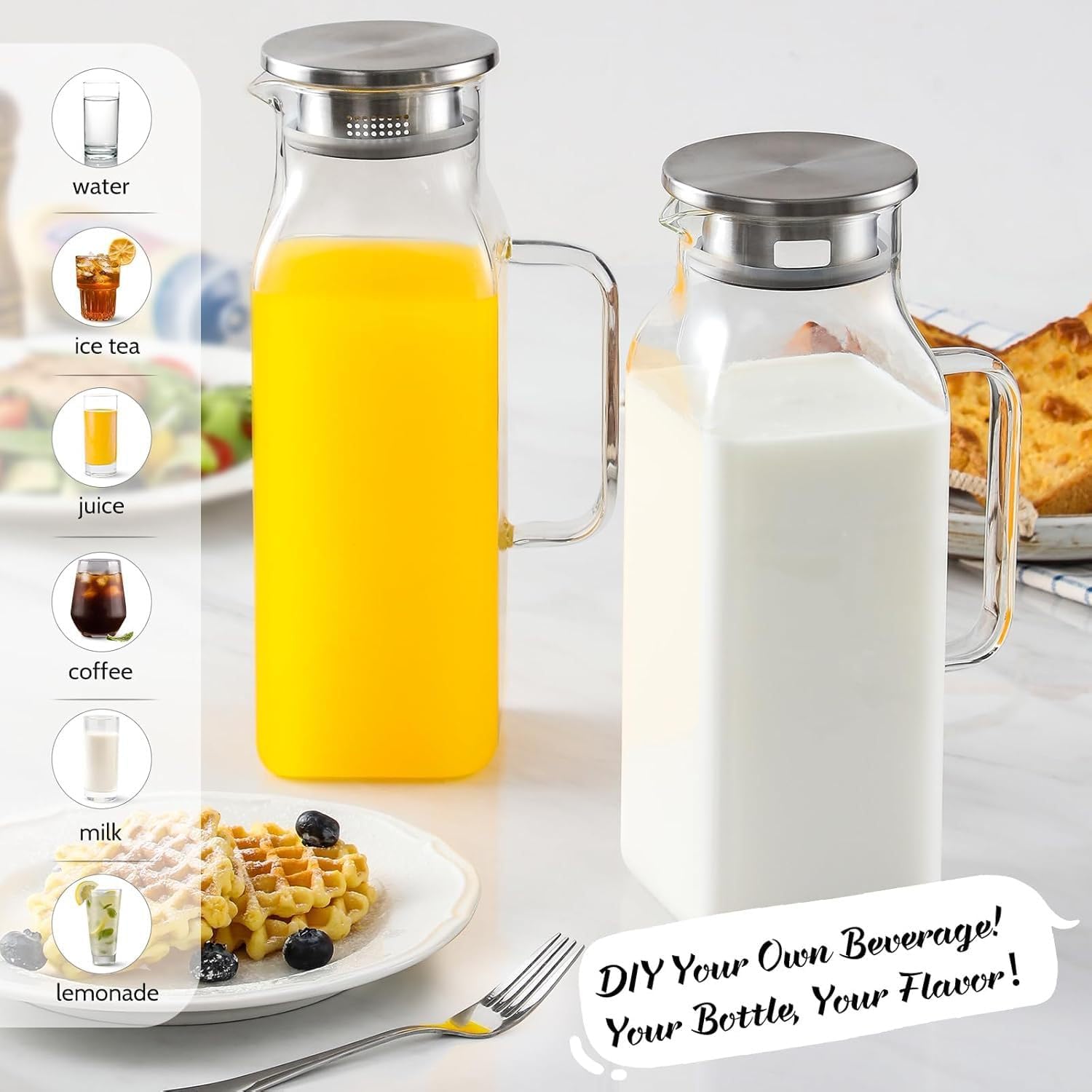 2 Pack 2 Liters/68 oz Square Glass Pitcher with Lid and Handle, Glass Carafe for Hot/Cold Water, Large Iced Tea Pitcher for Coffee, Juice