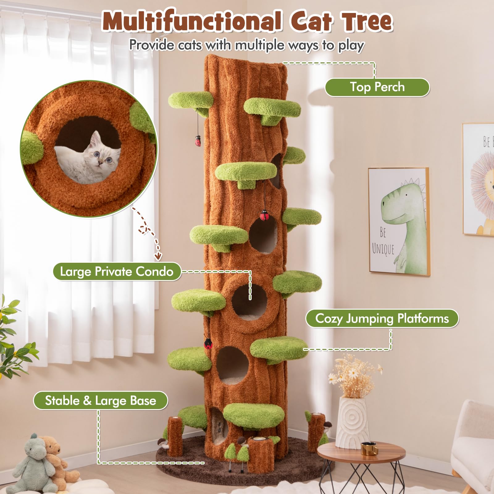 PETSITE 90.5 Inch Tall Cat Tree, Tree-Like Modern Cat Tower with Sisal Scratching Pad, Five Cat Condos, Multiple Jumping Platforms, Cute Hanging and Spring Toys, Large Cat Tree Tower for Indoor Cats