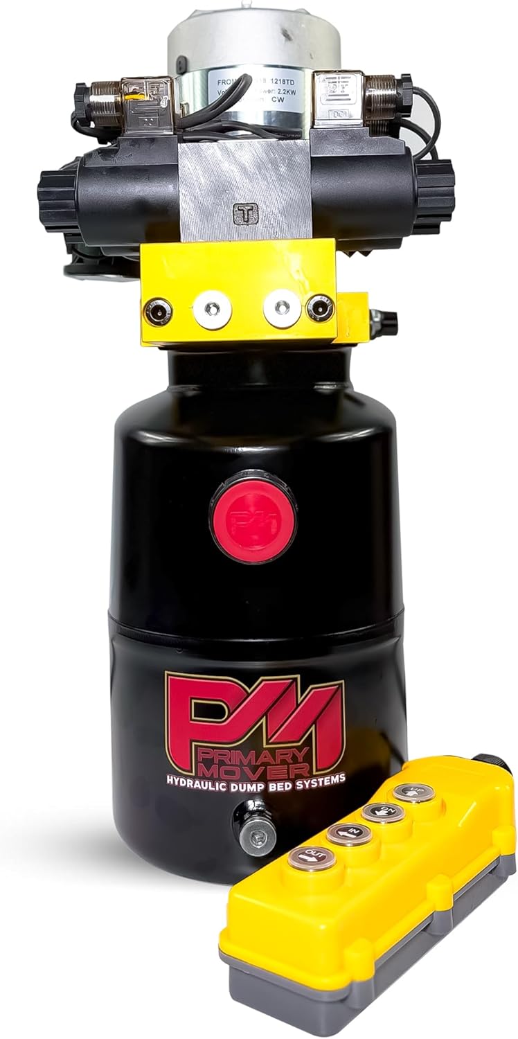 Primary Mover Hydraulic Pump for Dump Trailer - 12Vdc Hydraulic Power Unit - Dump Trailer Pump Steel Reservoir with Remote Controller (8 Quart Dual Double)