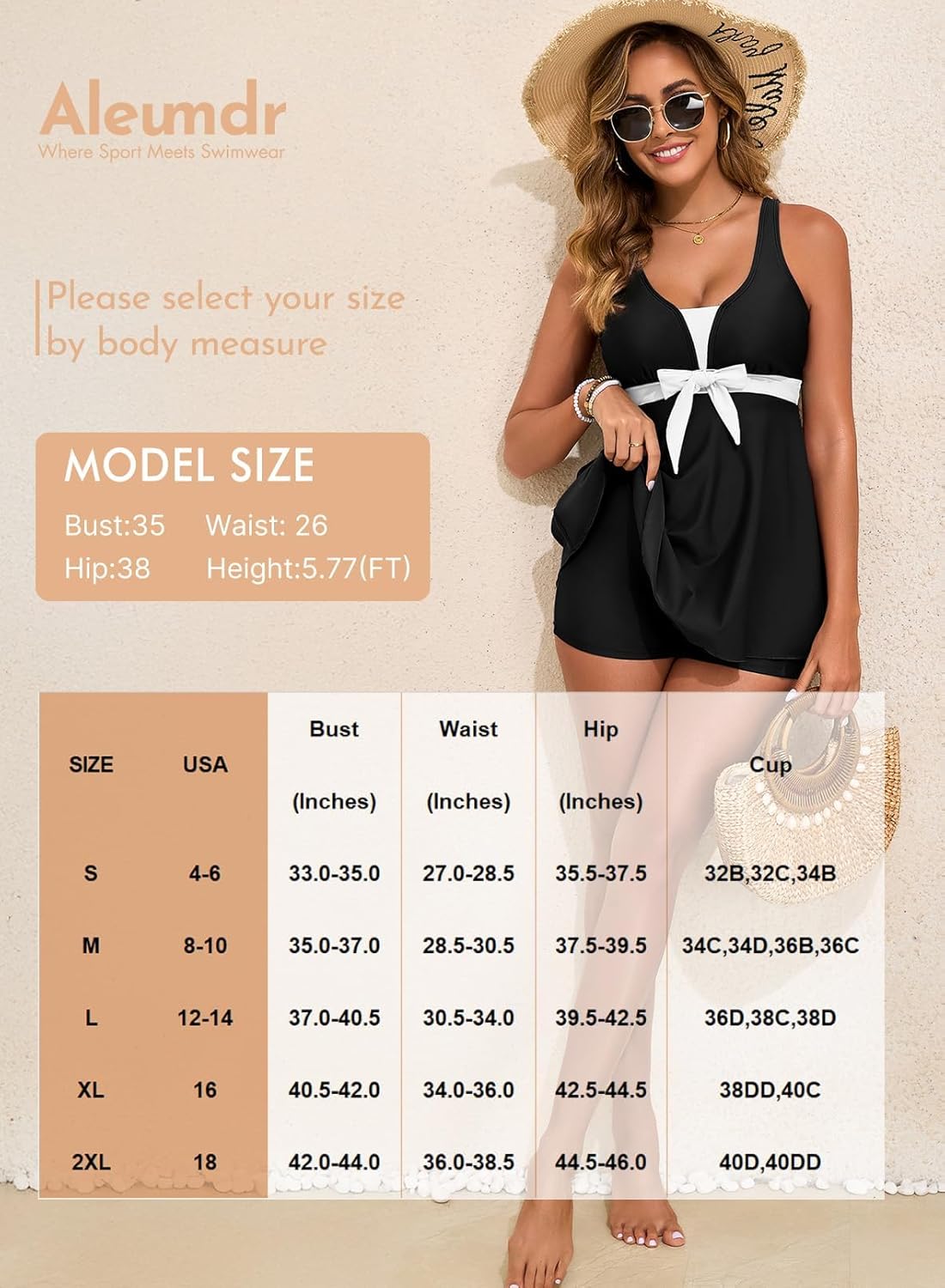 Aleumdr Women Printed Two Piece Tankini Swimsuits Tummy Control Swim Dress High Waisted Boyshort with Pockets