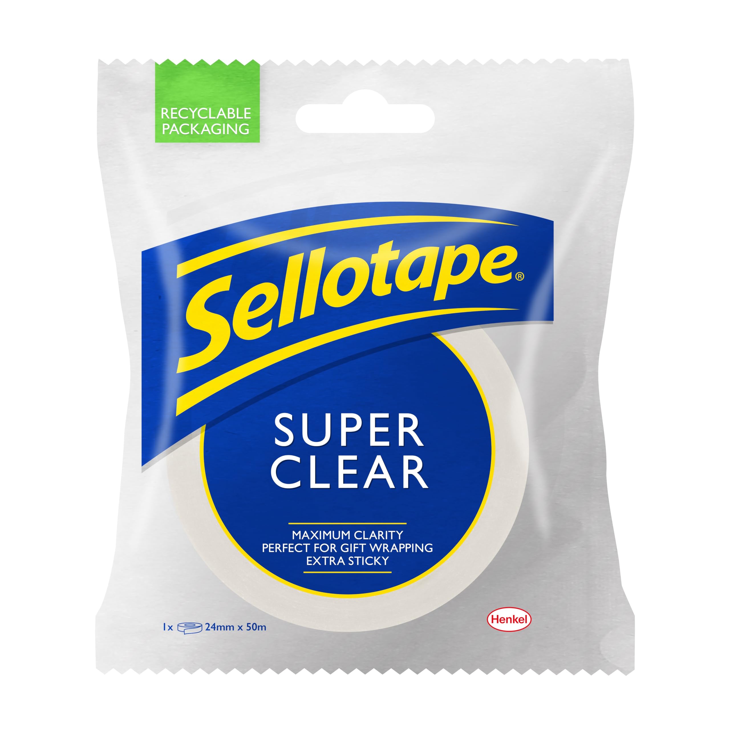 Sellotape Super Clear Tape, Practical Sticky Adhesive Tape for Maximum Clarity, Strong Tape for gift wrapping - Single roll (24mmx50m)