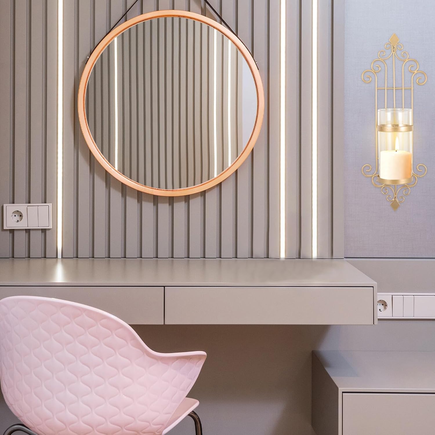 ULTECHNOVO Rose Gold Wall Candle Holder Decorative Iron Art Glass Sconce Elegant Wall Hanging for Living Bedroom Bathroom Classic European Style Gift for Housewarming Wedding