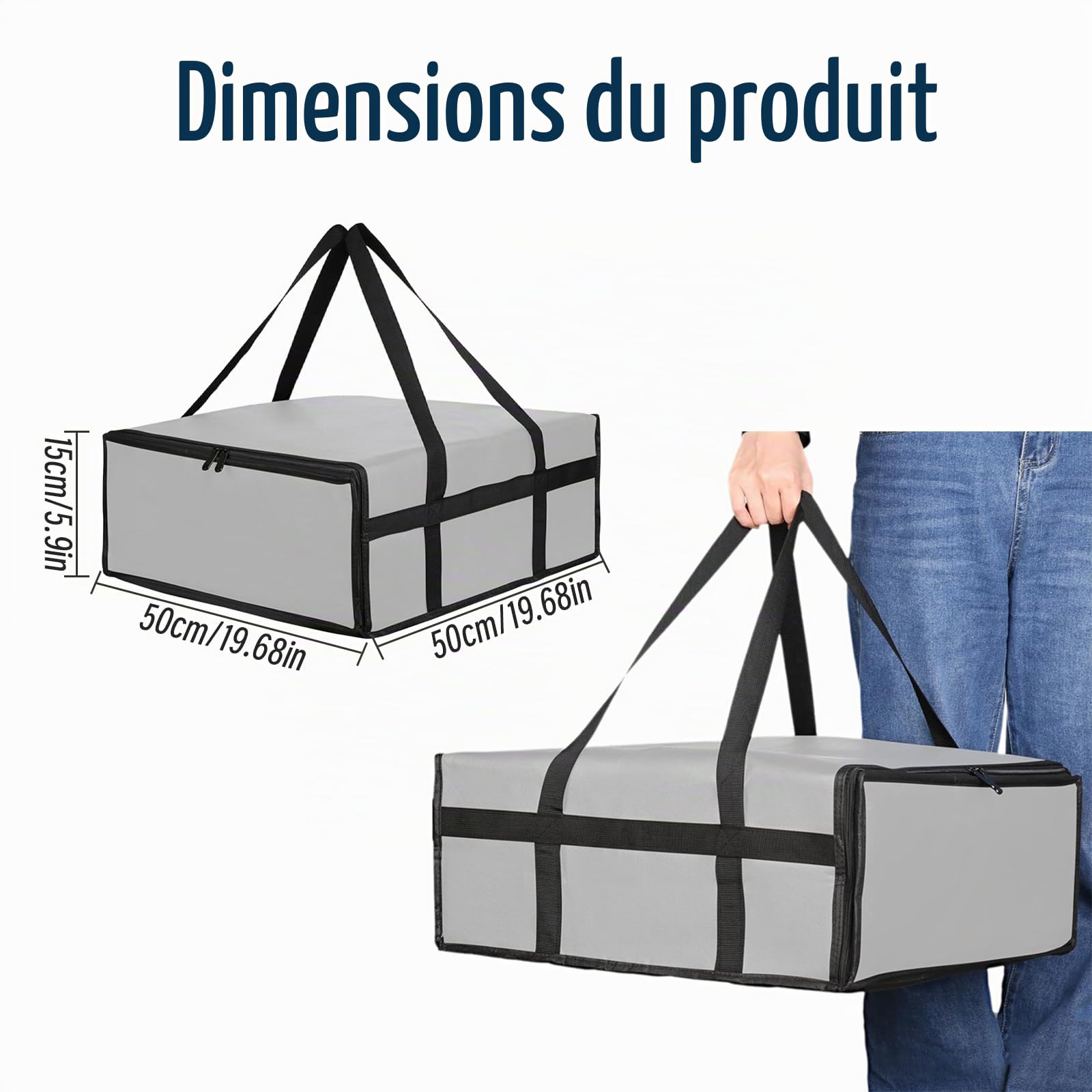 Grand sac à pizza gris - Grand sac isotherme pliable pour livraison de pizza, camping et pique-nique (50 x 50 x 20,5 cm)