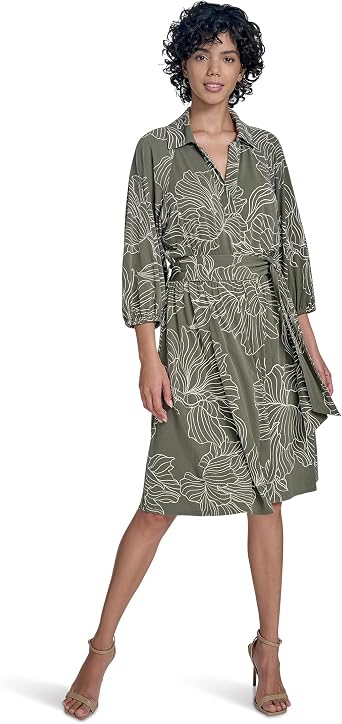 Calvin Klein Womens 3/4 Balloon Sleeve Collared Tie Waist Mini Shirtdress