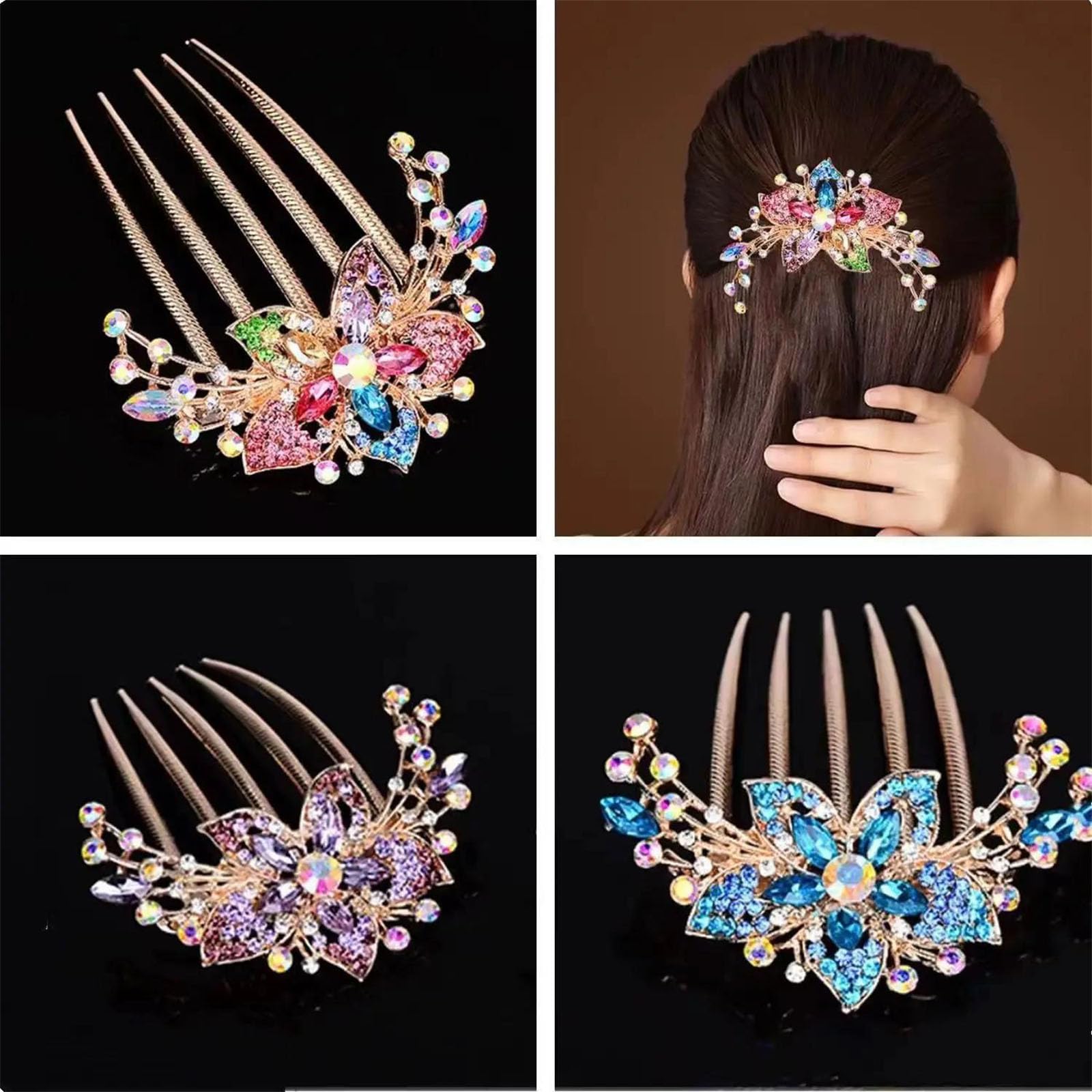 Haarspangen für Damen, Strasssteine, Kristalle, fünfzackige Kämme, Pferdeschwanz, Haarschmuck (A)