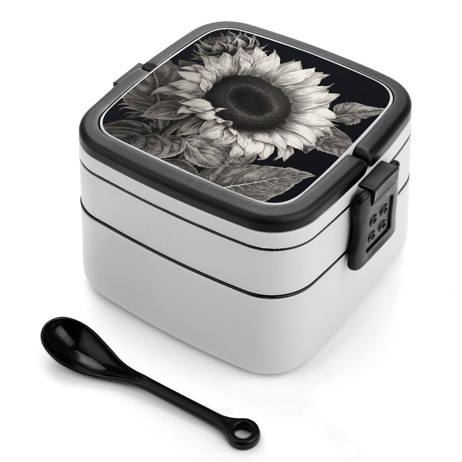 VstaDank Sunflower Black Grey Bento Box with Compartments Portable Lunch Containers with Spoon Leak Proof Bento Lunch Box Snap-On Design Double-Layer Insulated Lunch Boxes for Work Camping