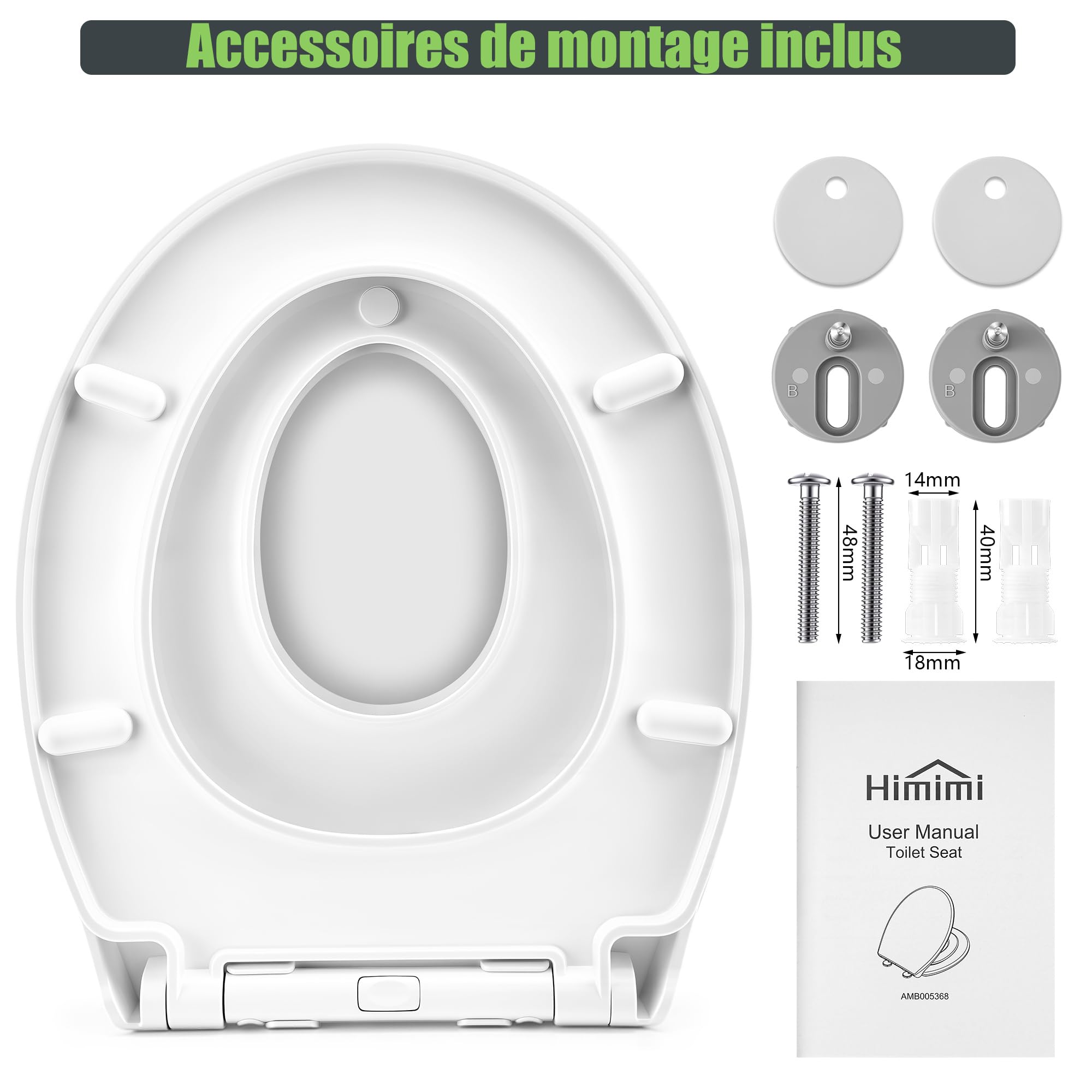Himimi Abattant WC, Familial Cuvette Toilette avec Siège Enfant Magnétique, Frein de Chute et Charnière Réglable, Lunette WC pour Adultes et Enfants, Forme O, Blanc (447mm x 372mm x 55mm)