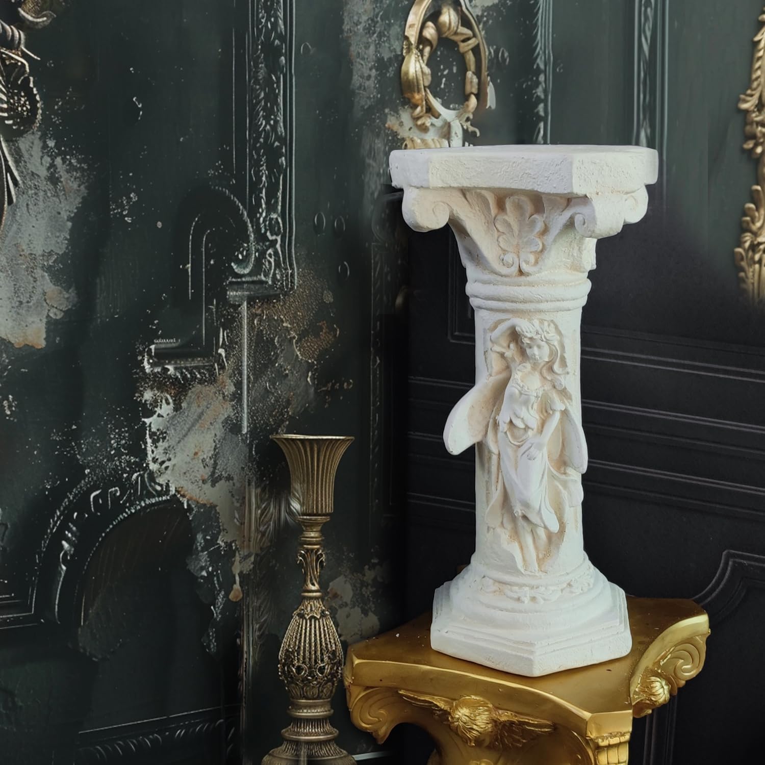 Vintage Weathered 21.3’’H Winged Angel Roman Column Statue Oxidized Magnesium Pedestal Base for Home Garden Yard Patio Decor Event Displays, White