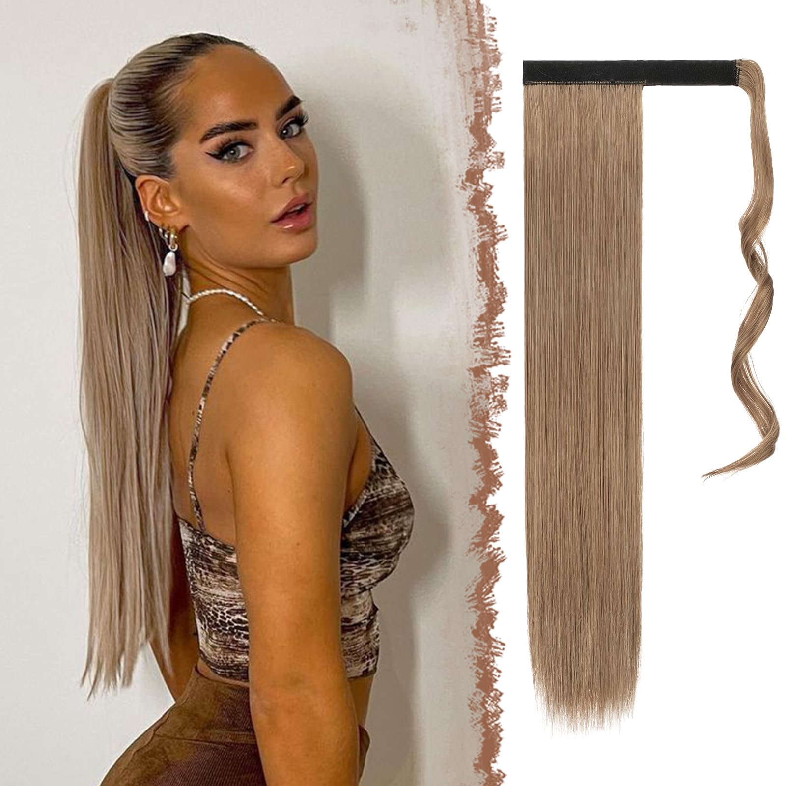 FESHFENStraight Ponytail Extensions 24 Inch Long Wrap Around Synthetic Hair Piece Clip in Ponytail Hair Extensions Hairpiece for Women Girls 130g