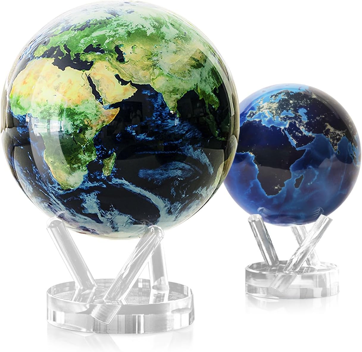 MOVA Globe Earth with Clouds 8.5” + Earth at Night 4.5” | Day and Night Globe Set | Solar-Powered, No Wires or Batteries | Elegant Décor & Gift Bundle