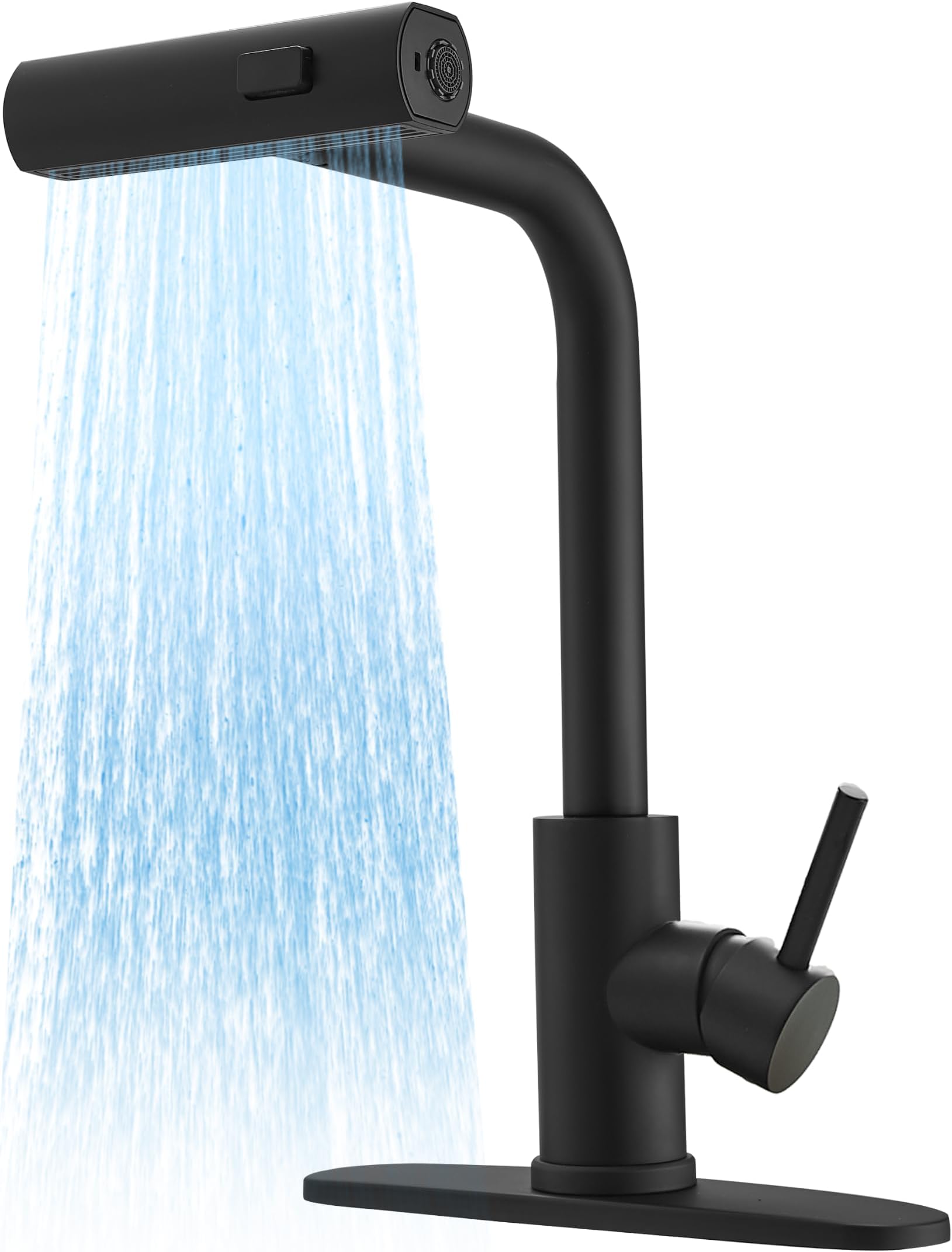 Kitchen Faucet with Pull Down Sprayer, Matte Black Waterfall Kitchen Faucet | Commercial Stainless Steel Single Handle Faucet with 3 Spray Modes for Farmhouse, RV, Laundry, Bar and Utility Sinks