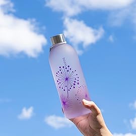 bzyoo 32oz 1 Liter Clear Water Bottle with Time Marker, Dandelion Design, Durable Plastic, BPA-Free, Reusable with Measurement Markings for Fitness and Outdoor Activities (Color: Purple)