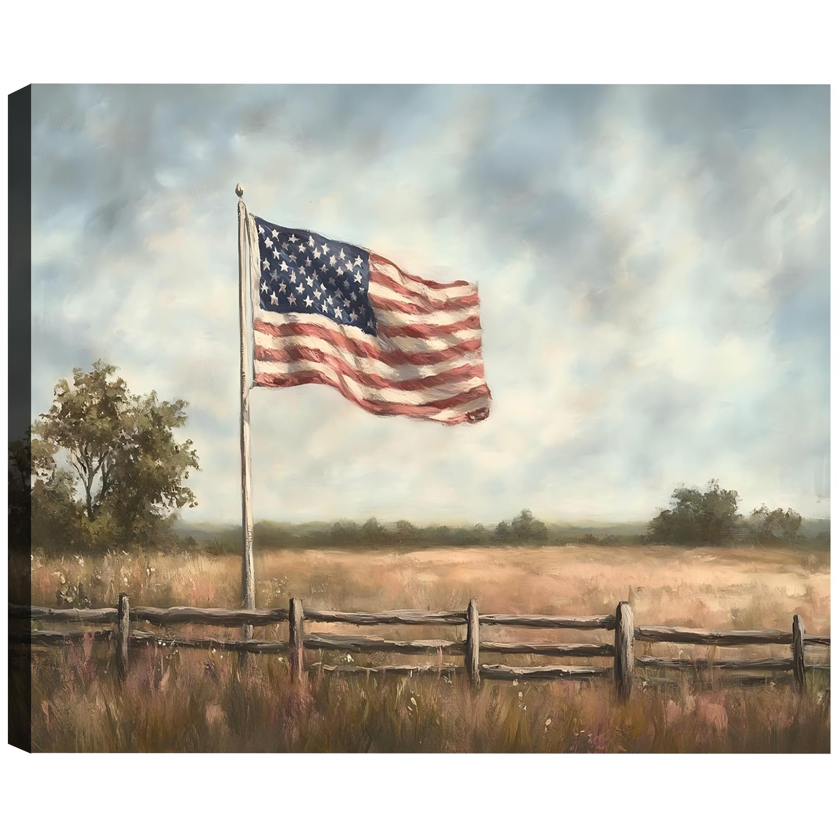 FLZYKGPA American Flag Canvas Wall Art, Rustic Field Landscape Artwork Print for 4th of July Decorations, Patriotic Decor Collection Perfect for