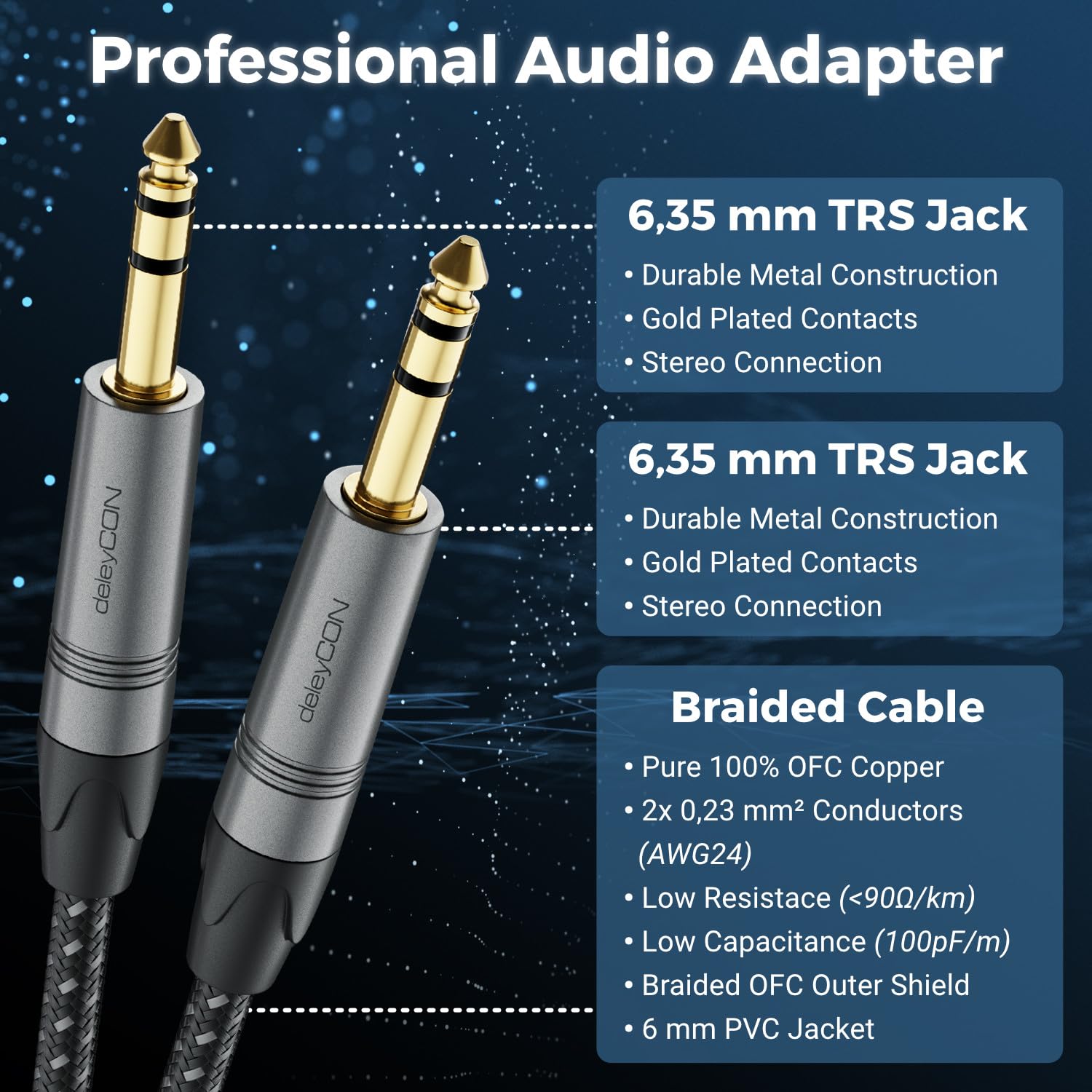 deleyCON 10m Cavo Strumento Jack 6,35mm a Jack 6,35mm TRS (Stereo) AUX - Qualità da Studio - in Puro Rame OFC (AWG24) - per Amplificatore Mixer Chitarra Elettrica Basso Tastiera