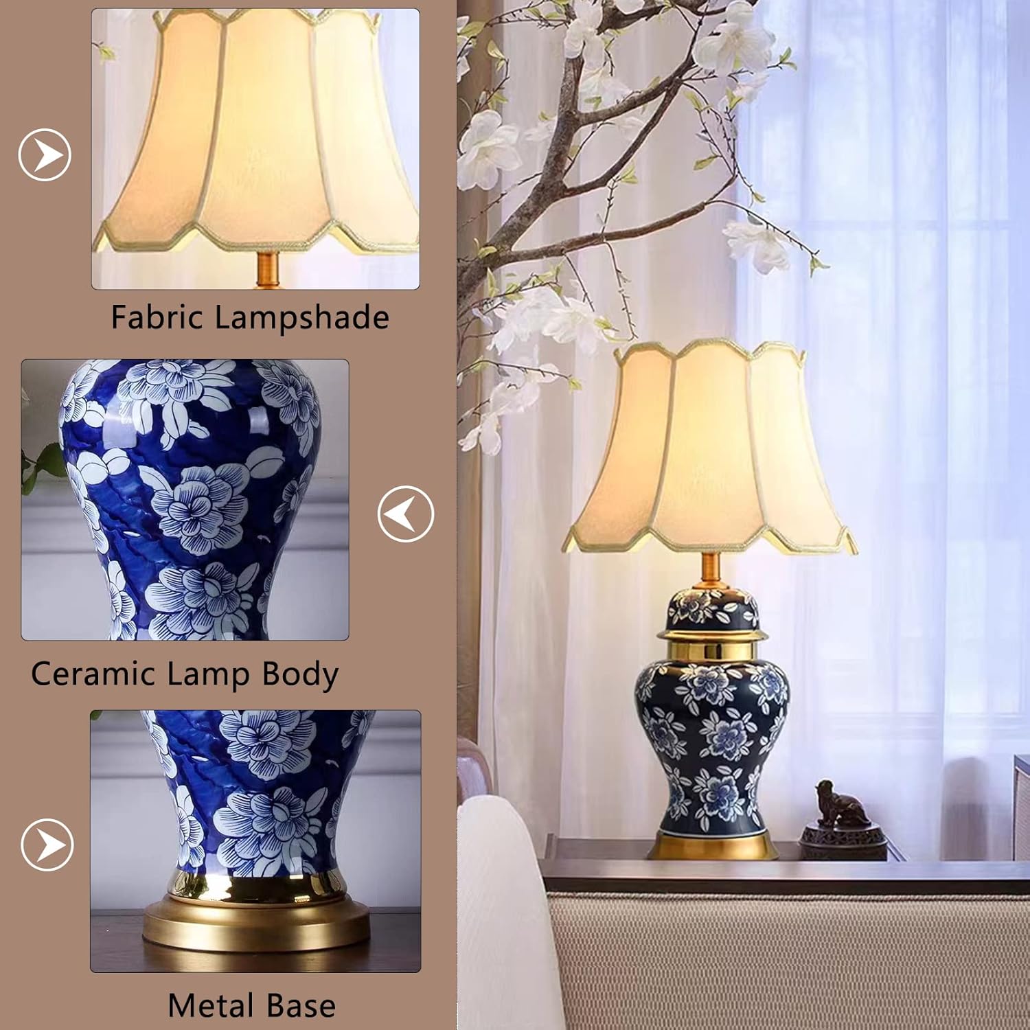 PURESILKS Vintage Blue Ceramic Table Lamp, Exquisite Hand Painted Floral LED Desk Lamp with Metal Base, 27.55" High Table Lamp with Fabric Shade for Bedroom Study Living Room Office