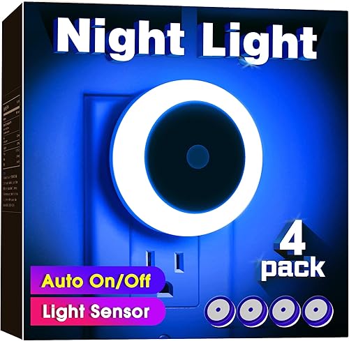 Briignite Paquete de 4 luces nocturnas azules, luz nocturna LED para niños, luz nocturna enchufable, luces nocturnas con sensor de luz, luz nocturna