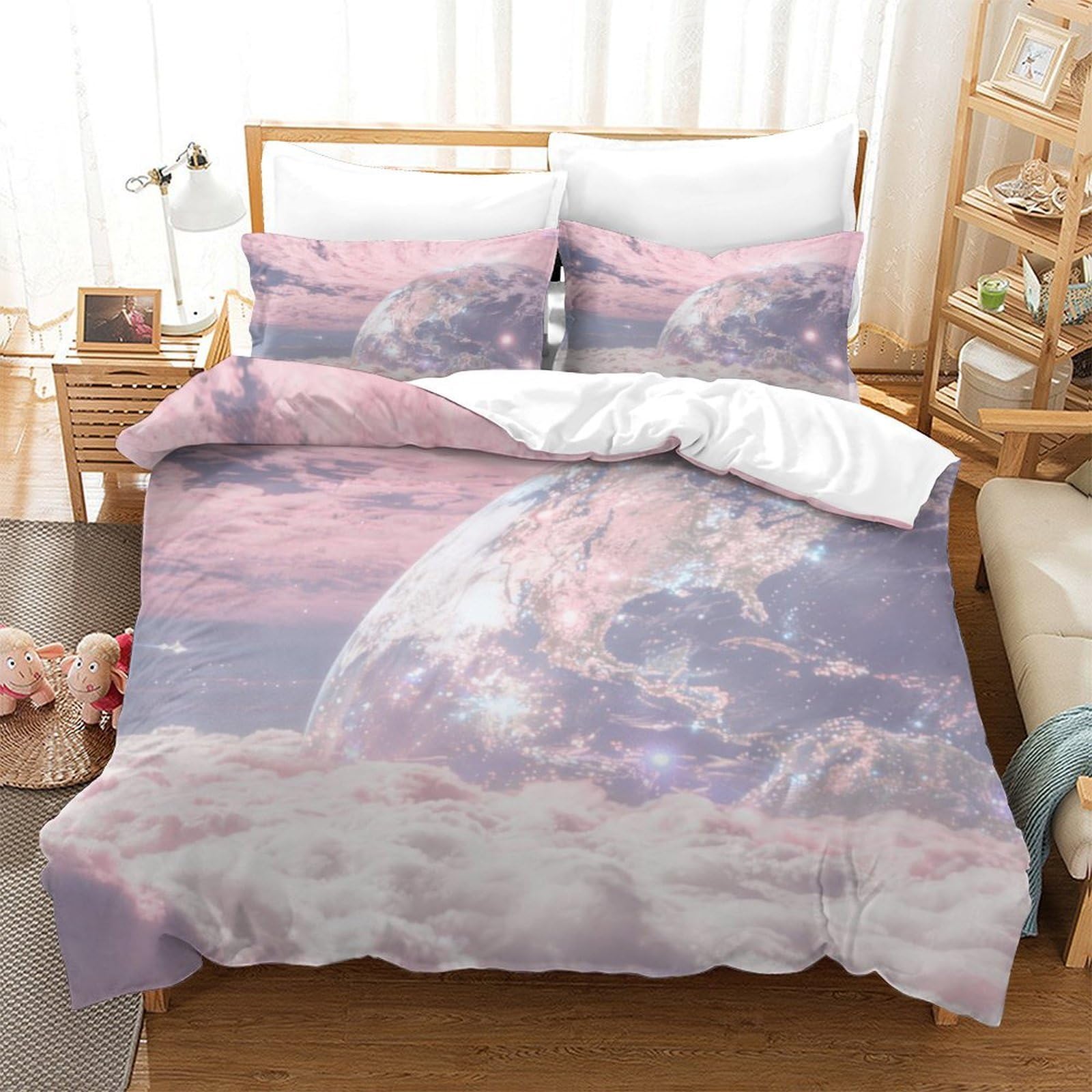 Housse de couette 260x220 anti-plis en microfibre douce motif espace pour grand lit
