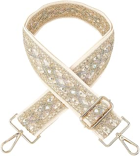 Embroidery Purse Strap Crossbody Replacement Boho Handbag Shoulder Bag Strap 2" Wide Adjustable Retro Vintage Sequins for Women Handbag Canvas Guitar Bag Purse (White)